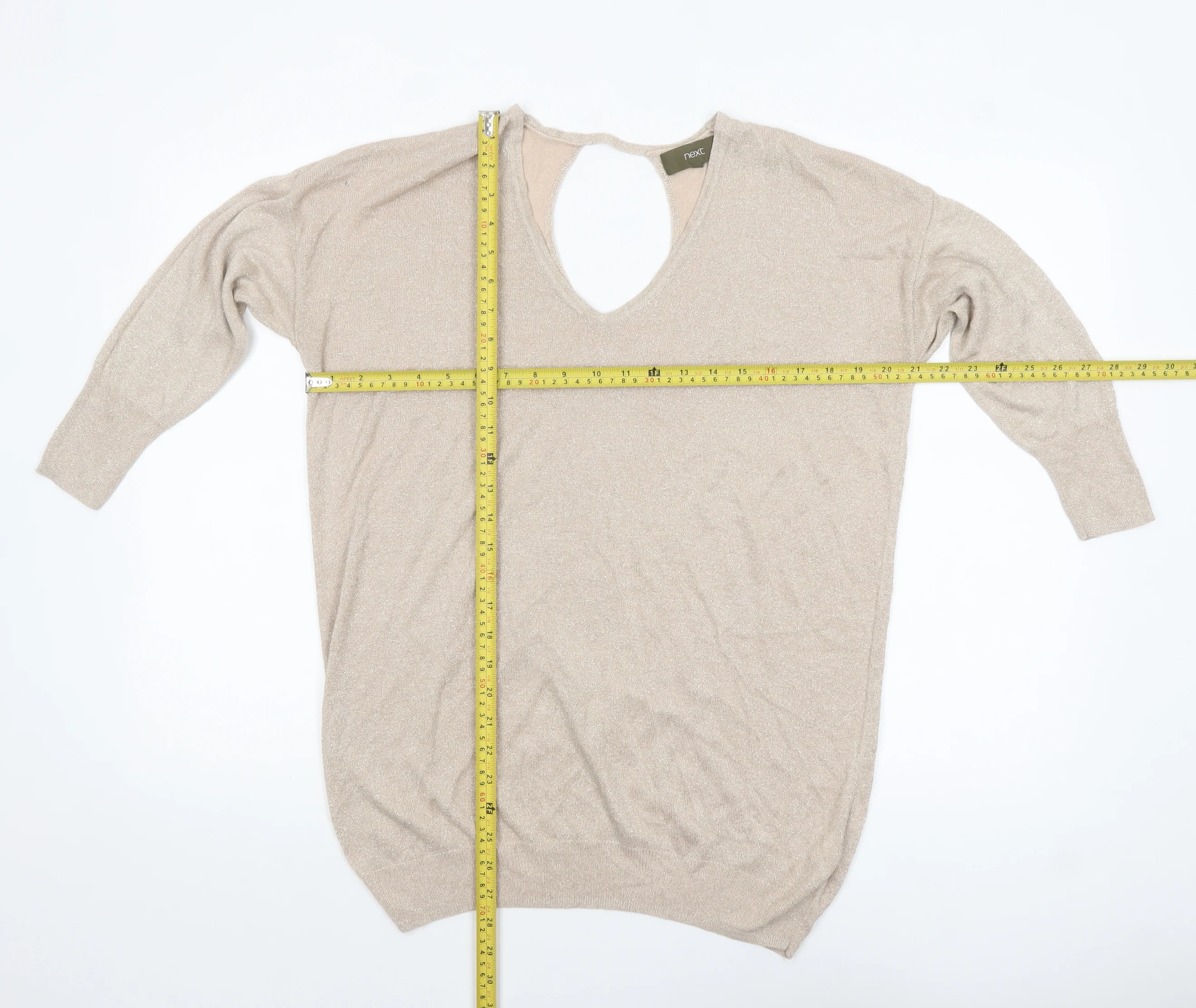 Next Women Beige Metallic V-Neck Long Sleeve Jumper Size 12 - Image 2