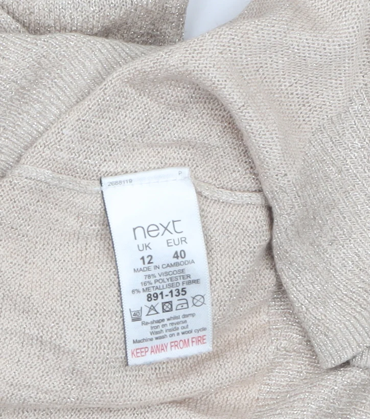Next Women Beige Metallic V-Neck Long Sleeve Jumper Size 12 - Image 4