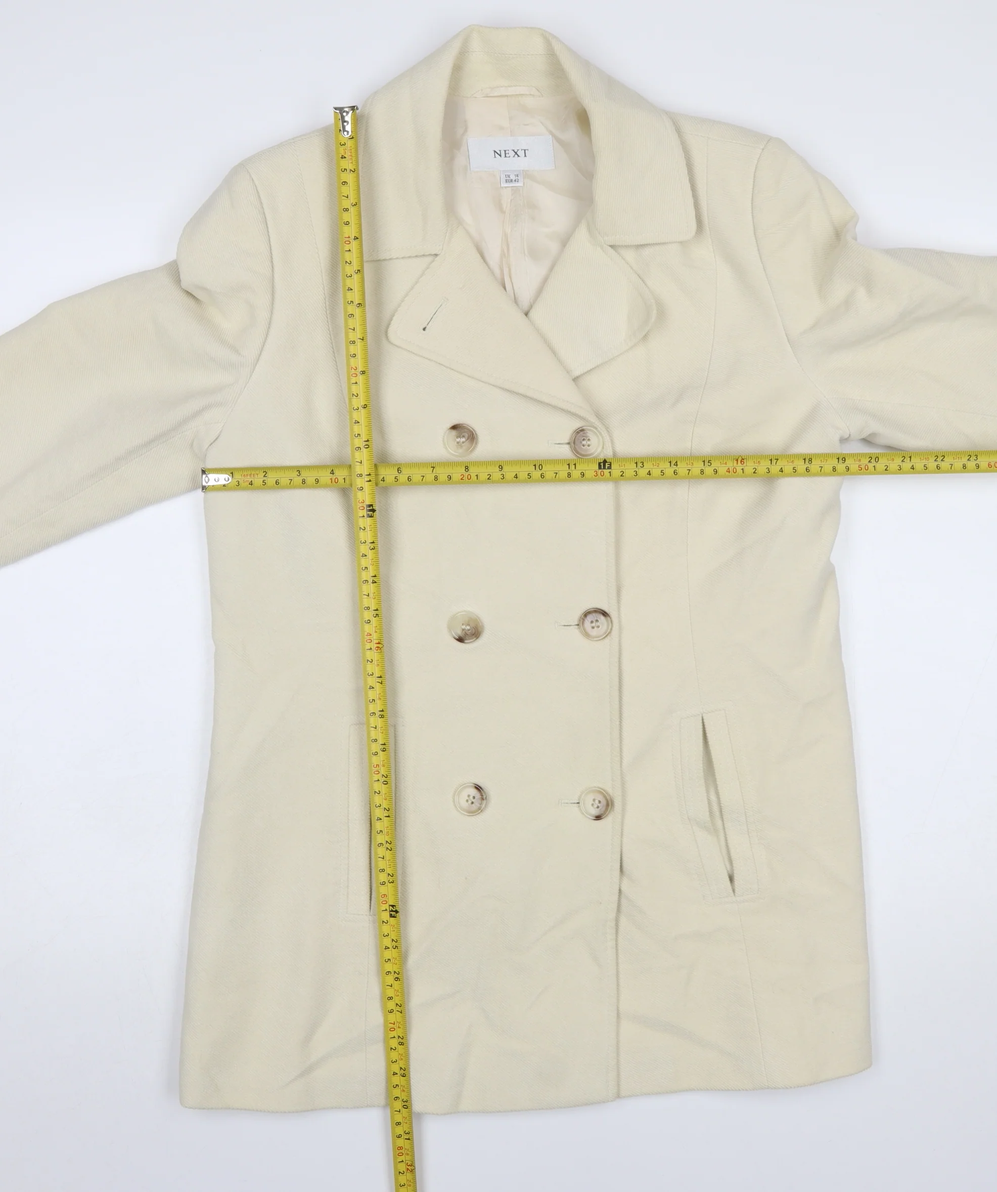 Next Women Beige Pea Coat UK 14 Cotton Lined Double Breasted - Image 2