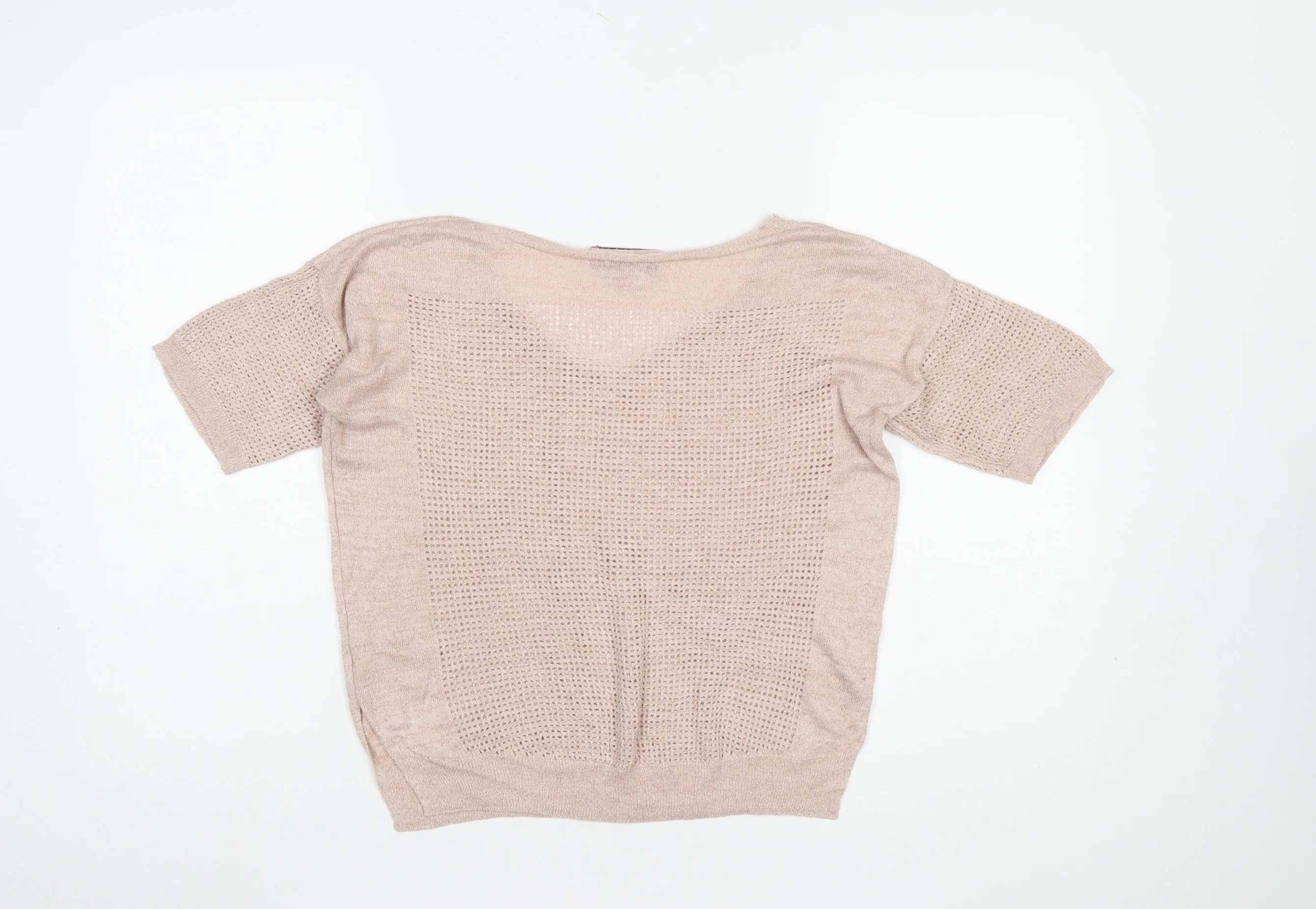 Next Women Beige Viscose Open-Knit Short Sleeve V-Neck Jumper Size 10 - Image 3