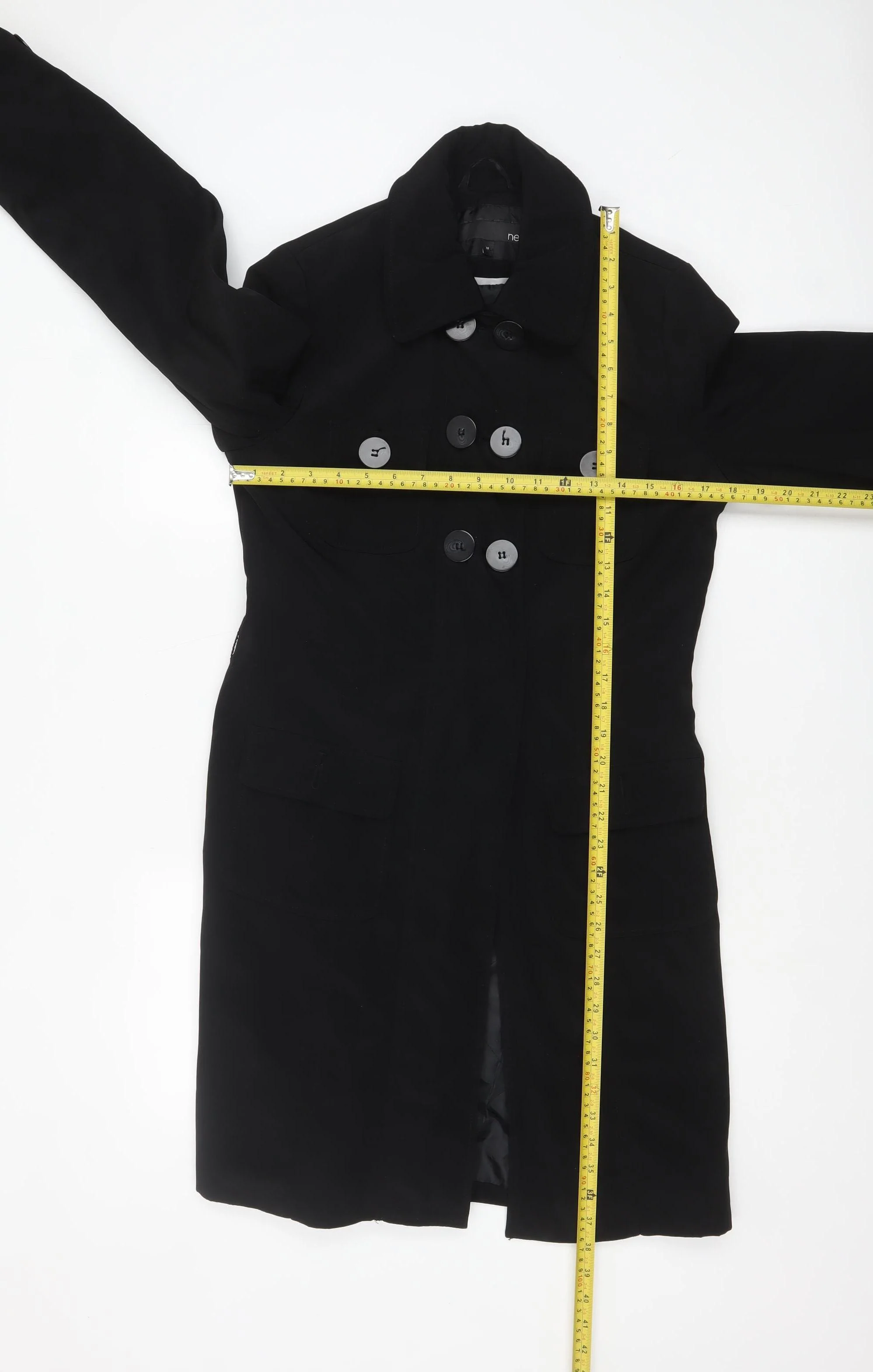 Next Women Black Long Trench Coat Size 10 Classic Buttoned Style - Image 2