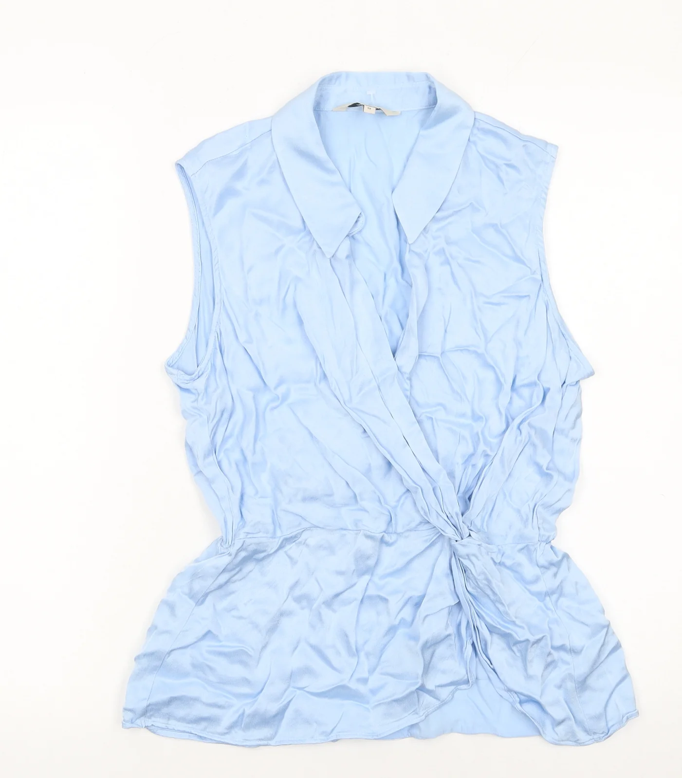 Next Women Blue Viscose Wrap Blouse Size 10 Sleeveless Collared Top