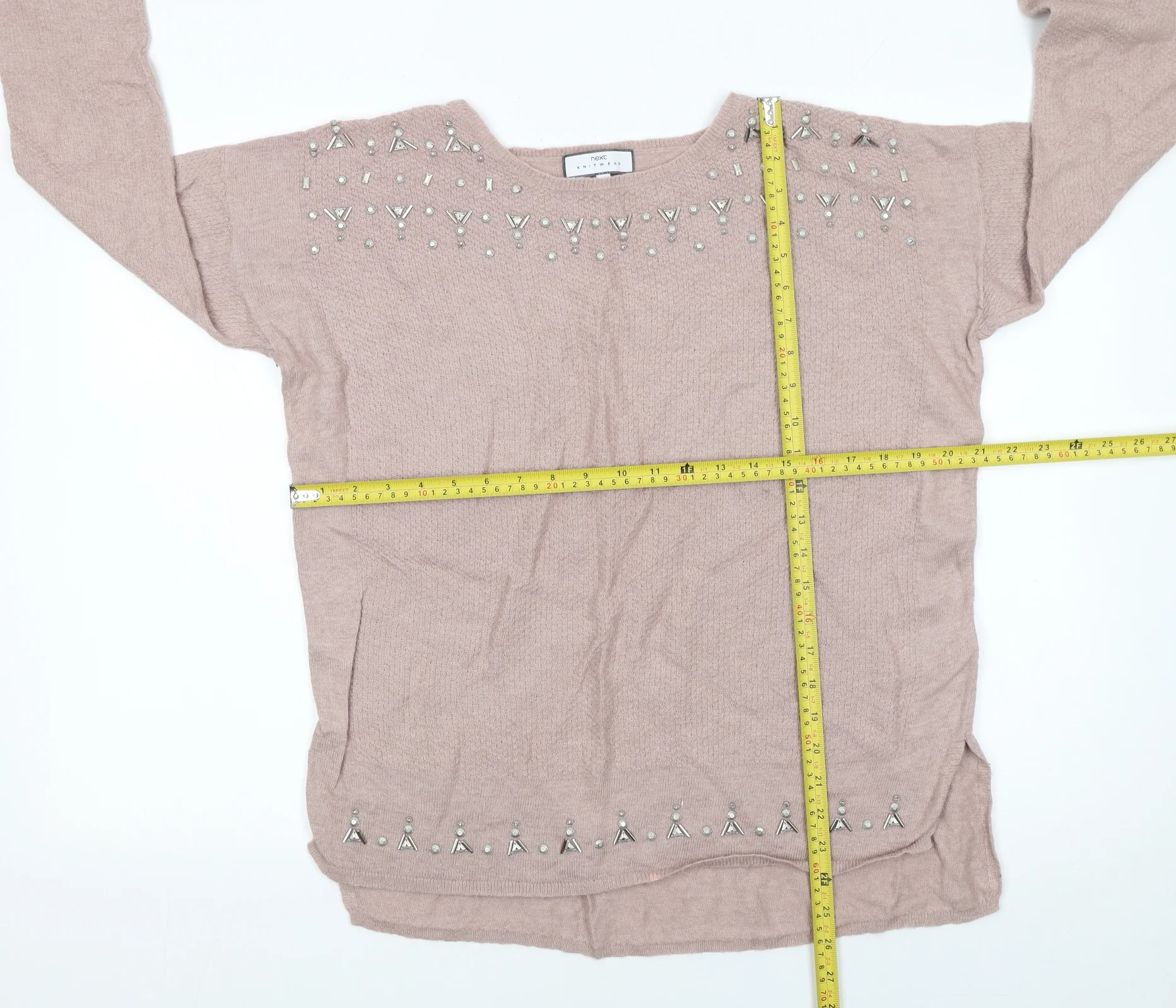 Next Women Pink Beaded Crew Neck Long Sleeve Pullover Jumper Size 12 - Image 2