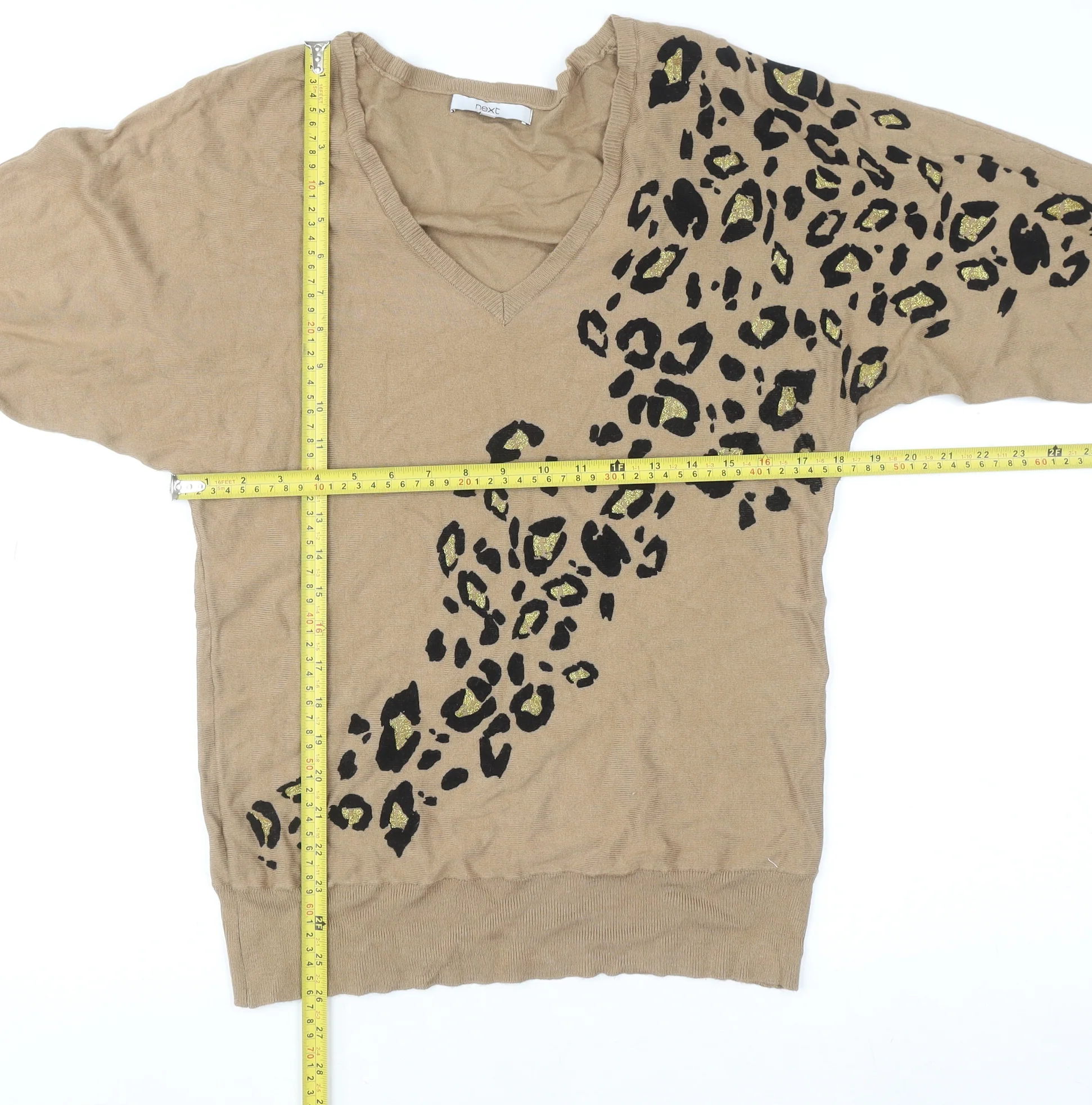 Next Women’s Beige Leopard Print V-Neck Jumper Size S - Image 2