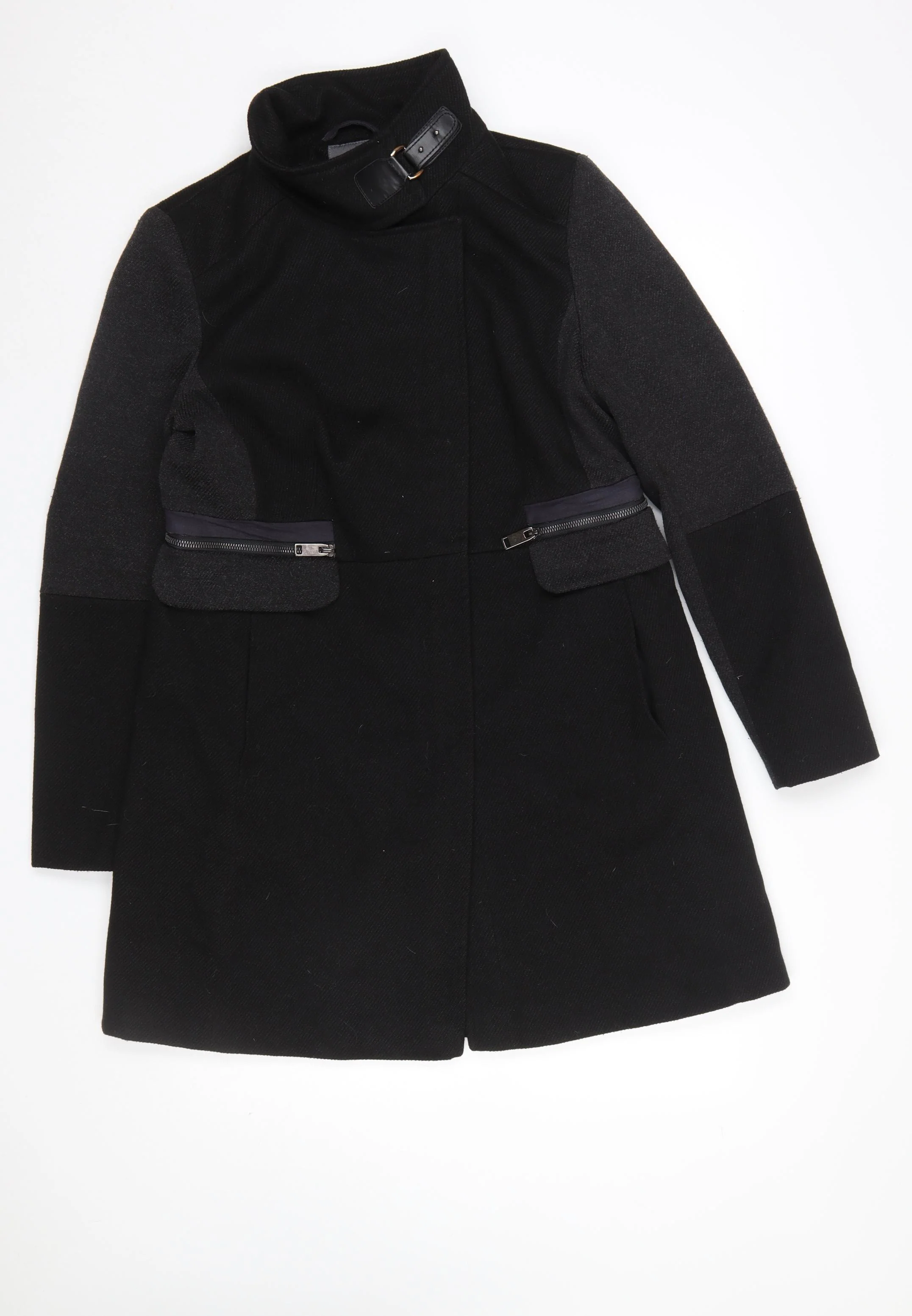 Next Women’s Black Wool Blend Overcoat Size 14 Buckle Collar Workwear