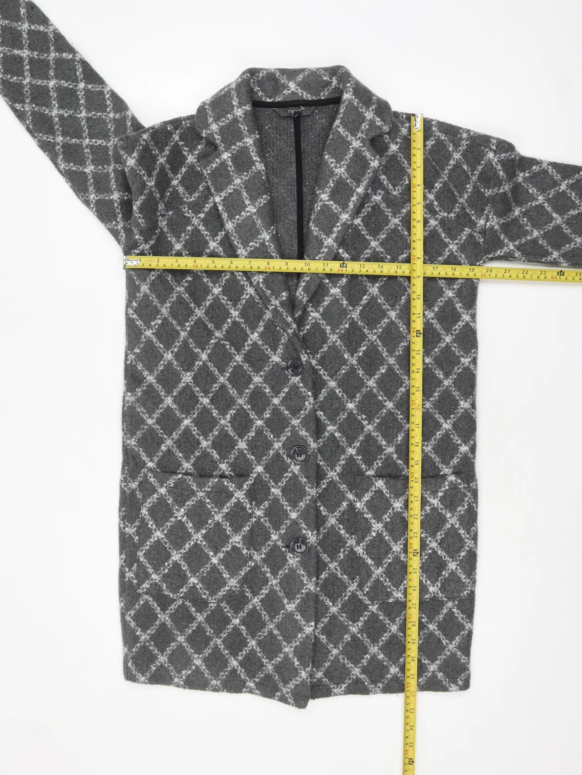 Next Women’s Grey Check Long Coatigan Size S Acrylic Blend - Image 2