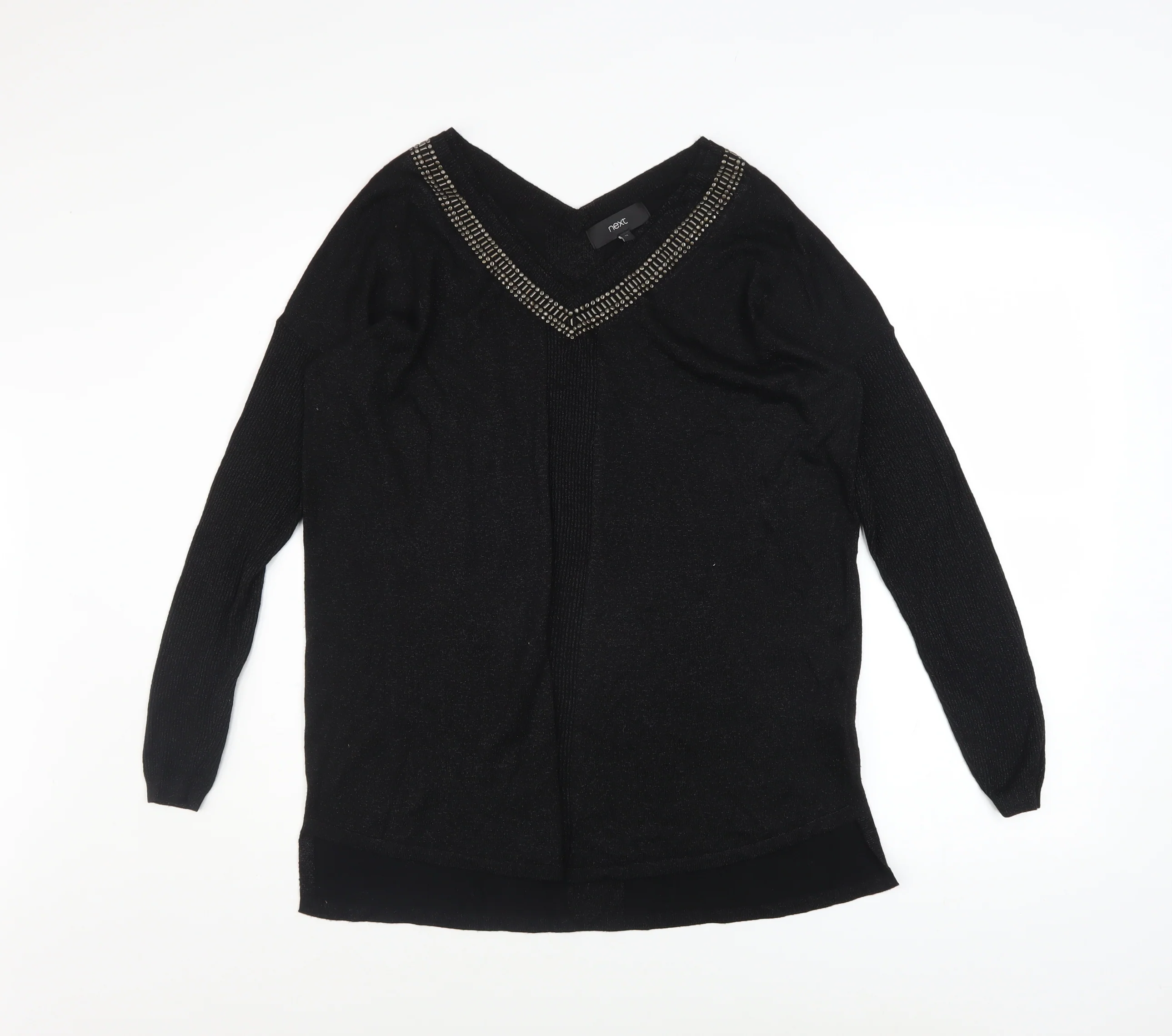 Next Women's Black Beaded V-Neck Long Sleeve Pullover Jumper Size 14