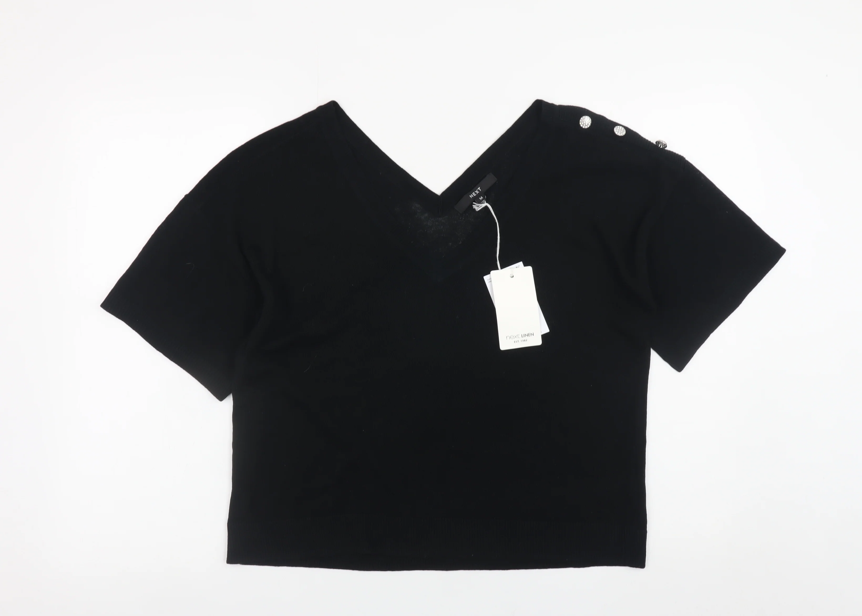 Next Womens Black V-Neck Short Sleeve Pullover Jumper Size 12