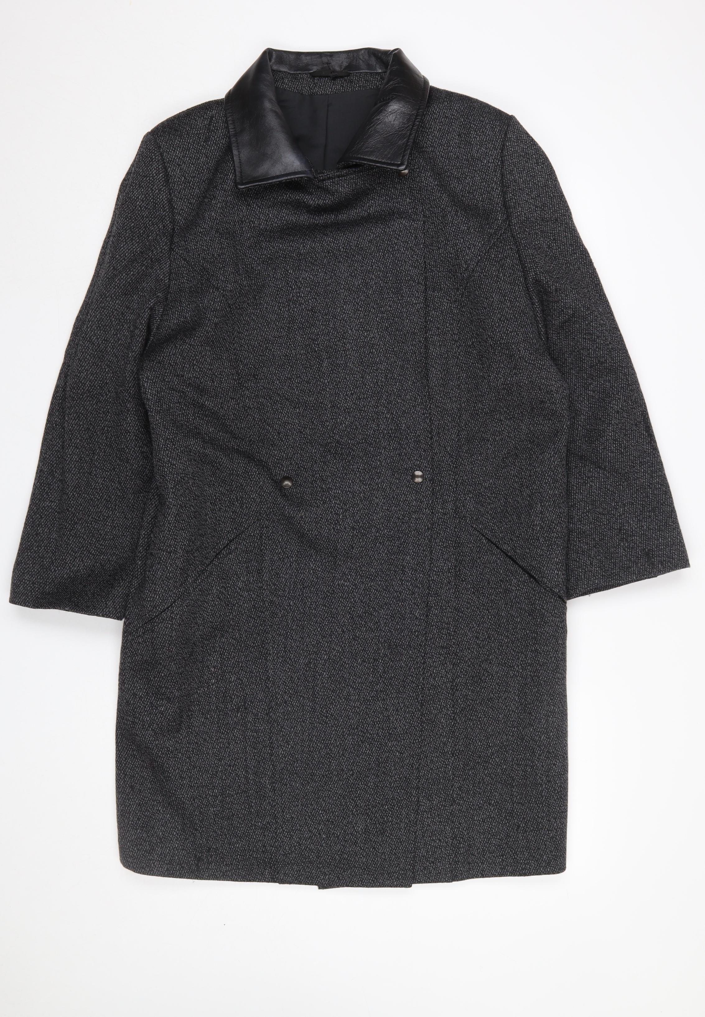 Next Women's Grey Wool Blend Leather Trim Long Overcoat Size 12