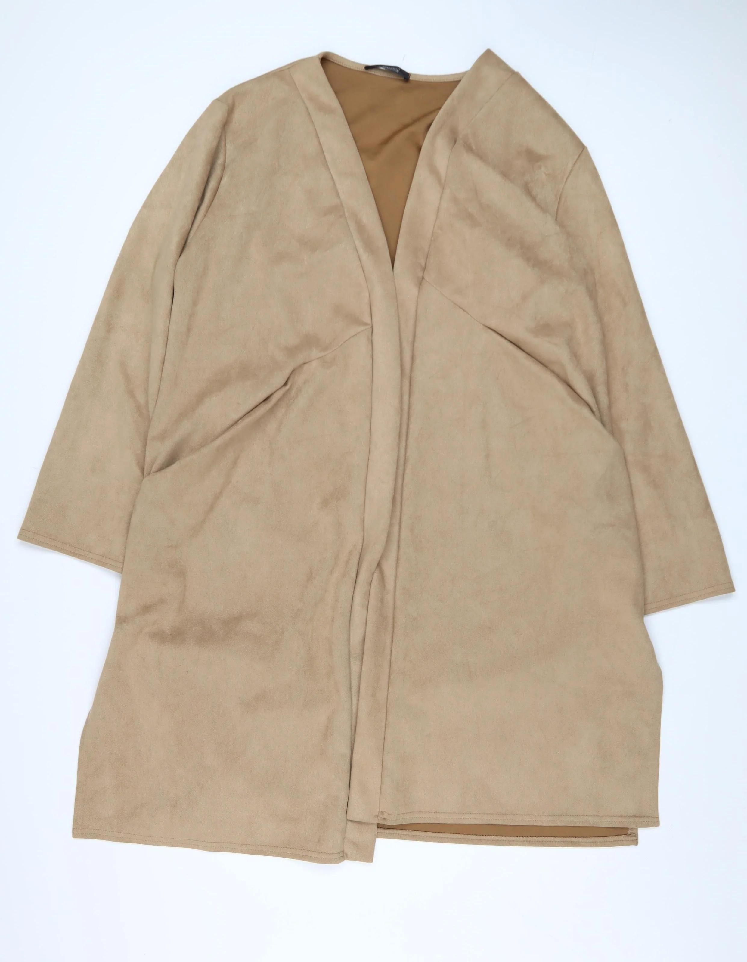 Nicole Collection Women Beige Longline Coatigan XL Open Front Suede Look