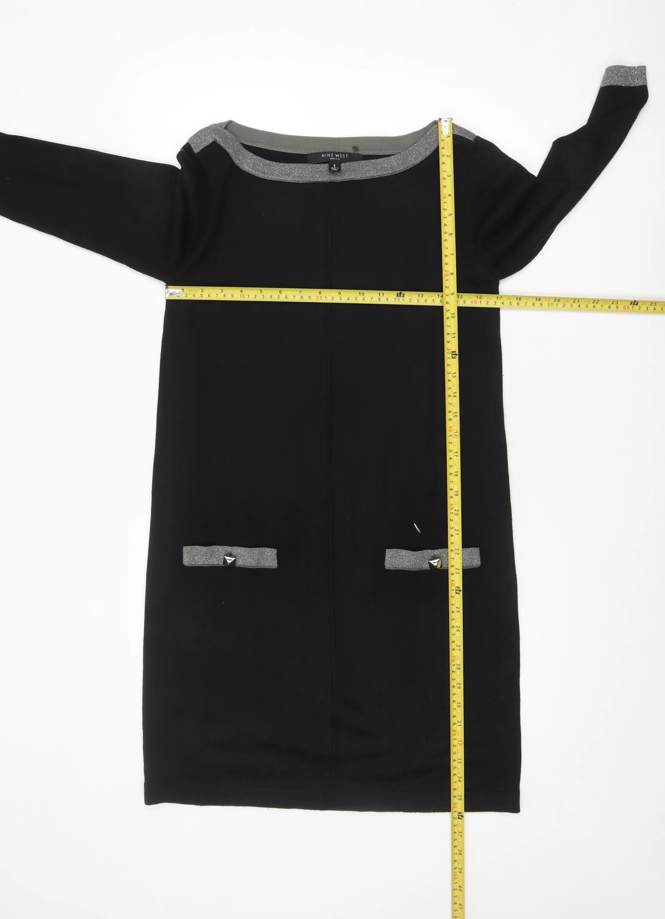 Nine West Women Black Shift Dress S Knit 3/4 Sleeve Bow Detail - Image 2