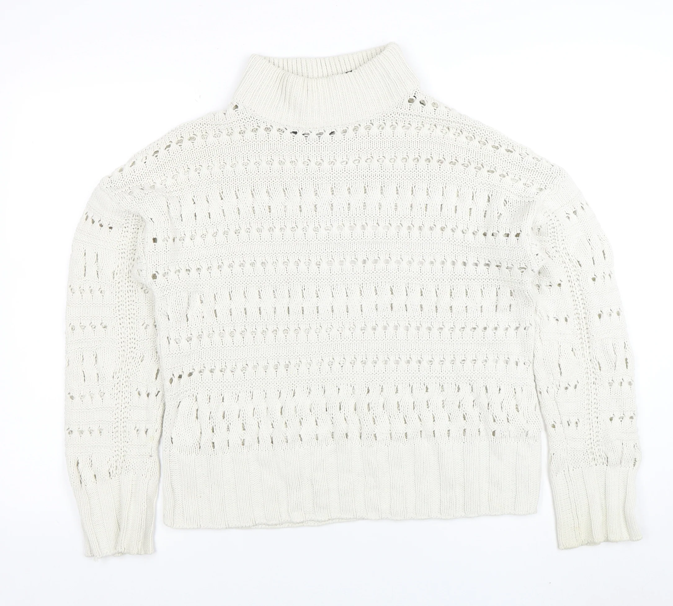 Noisy May Women Ivory High Neck Open Knit Cotton Jumper Size M