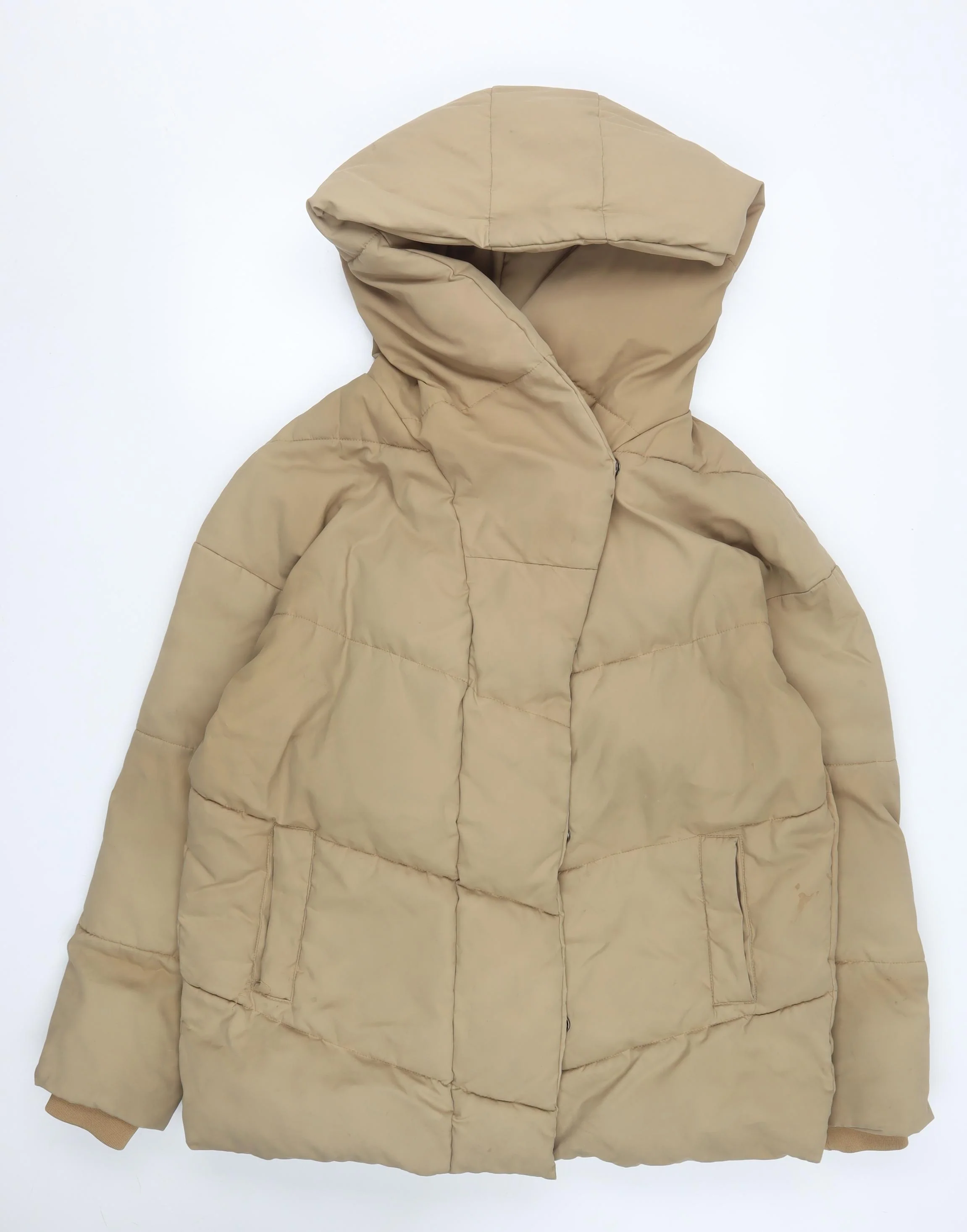 Noisy May Women’s Beige L Hooded Puffer Jacket with Zip Pockets