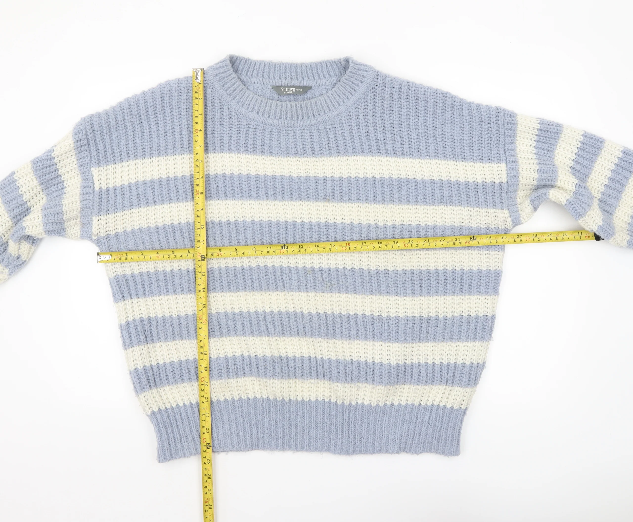 Nutmeg Women Blue White Striped Chunky Knit Pullover Jumper Size 16/18 - Image 2