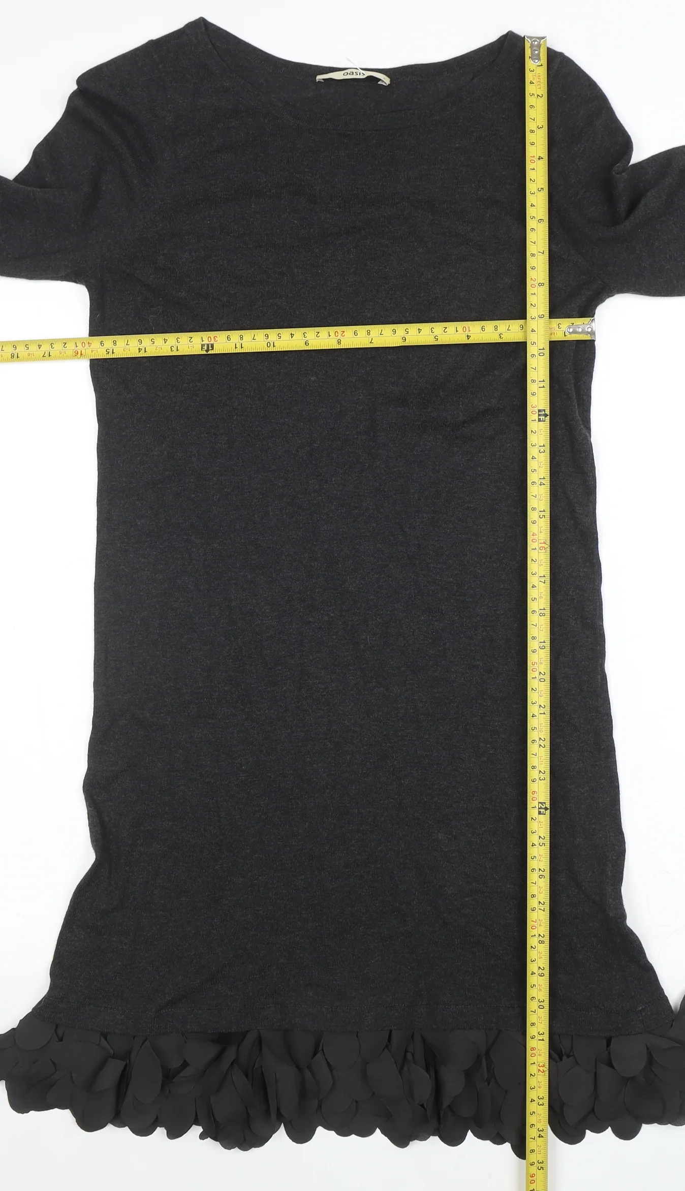 Oasis Women Black Knit Shift Dress Size S Long Sleeve Ruffle Hem - Image 2