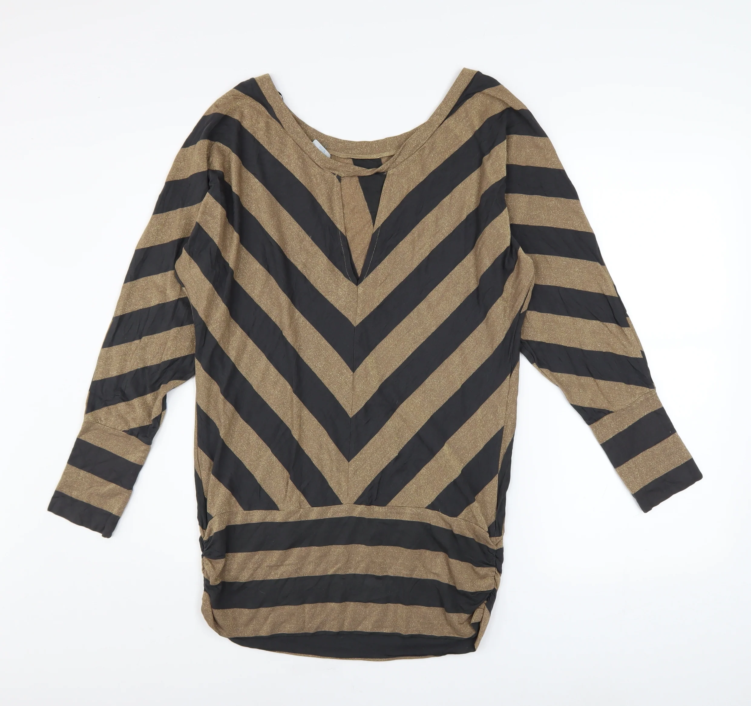Oasis Women Brown Striped Metallic Tunic Blouse Size 12 - Image 3