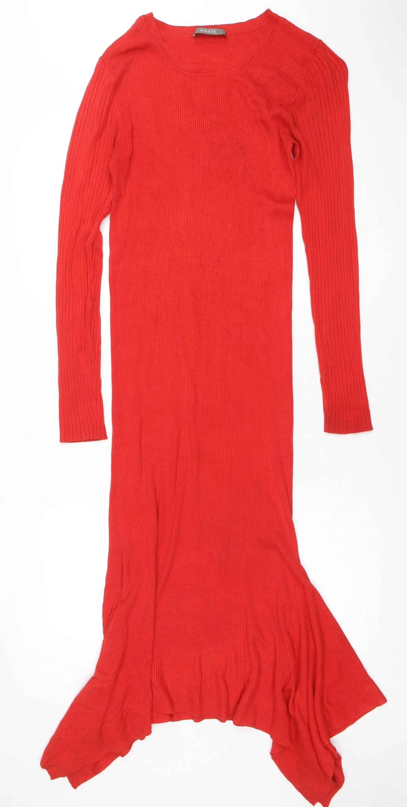 Oasis Women Red Long Sleeve Ribbed Bodycon Midi Dress L - Image 3