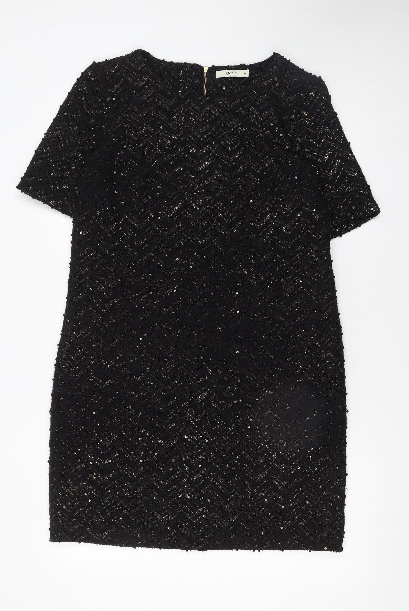 Oasis Women’s Black Sequin Short Sleeve Shift Dress Size 10