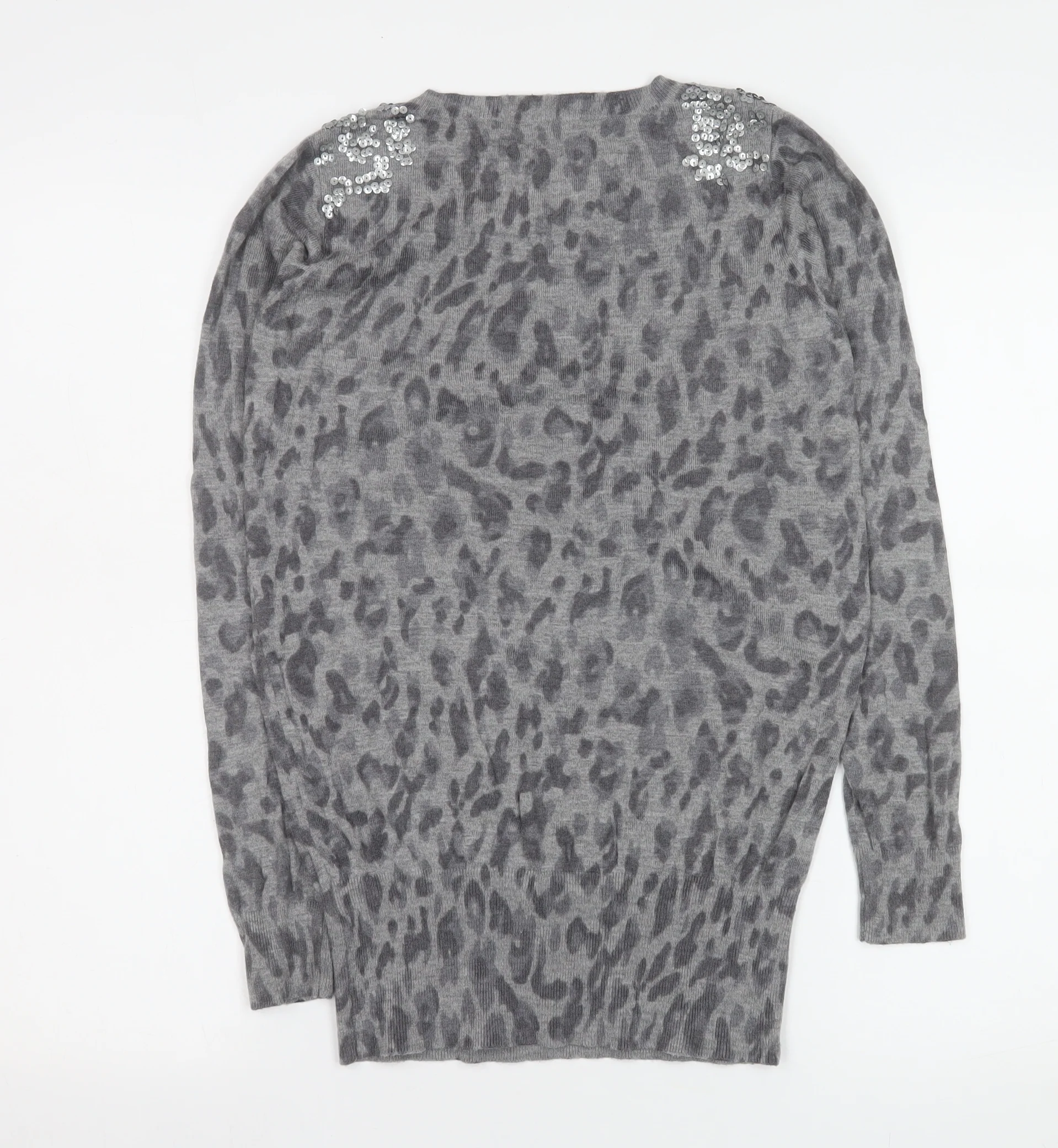 Oasis Women’s Grey Animal Print Sequin Shoulder Wool Blend Long Sleeve Top Size S - Image 3