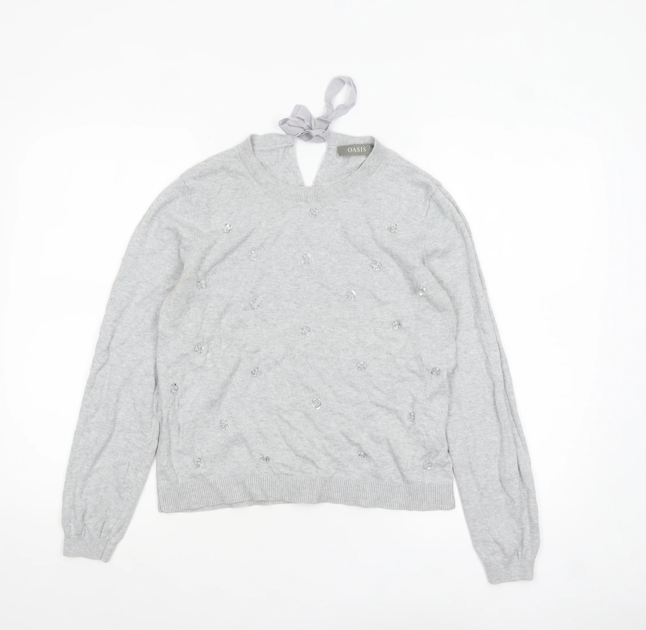 Oasis Women's Grey Beaded Bow Knit Pullover Jumper Size M
