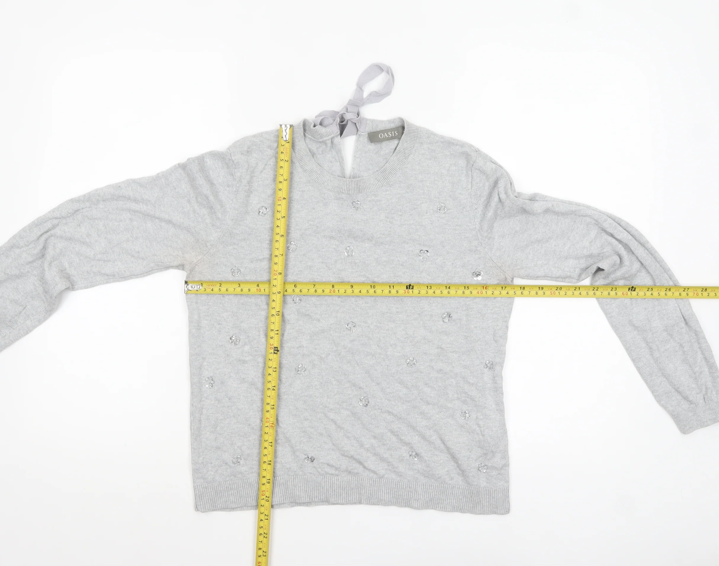 Oasis Women's Grey Beaded Bow Knit Pullover Jumper Size M - Image 2