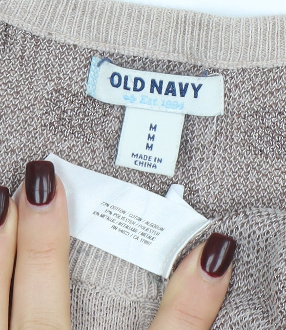 Old Navy Women Beige Polka Dot Cardigan M Knit Crew Neck - Image 4