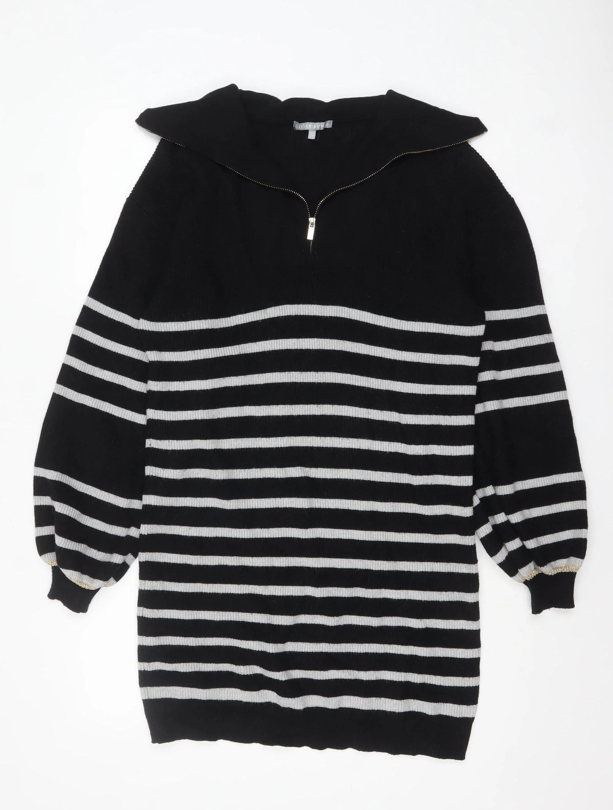 Oliver Bonas Women’s Black Striped Collared Zip Knit Jumper Size 10