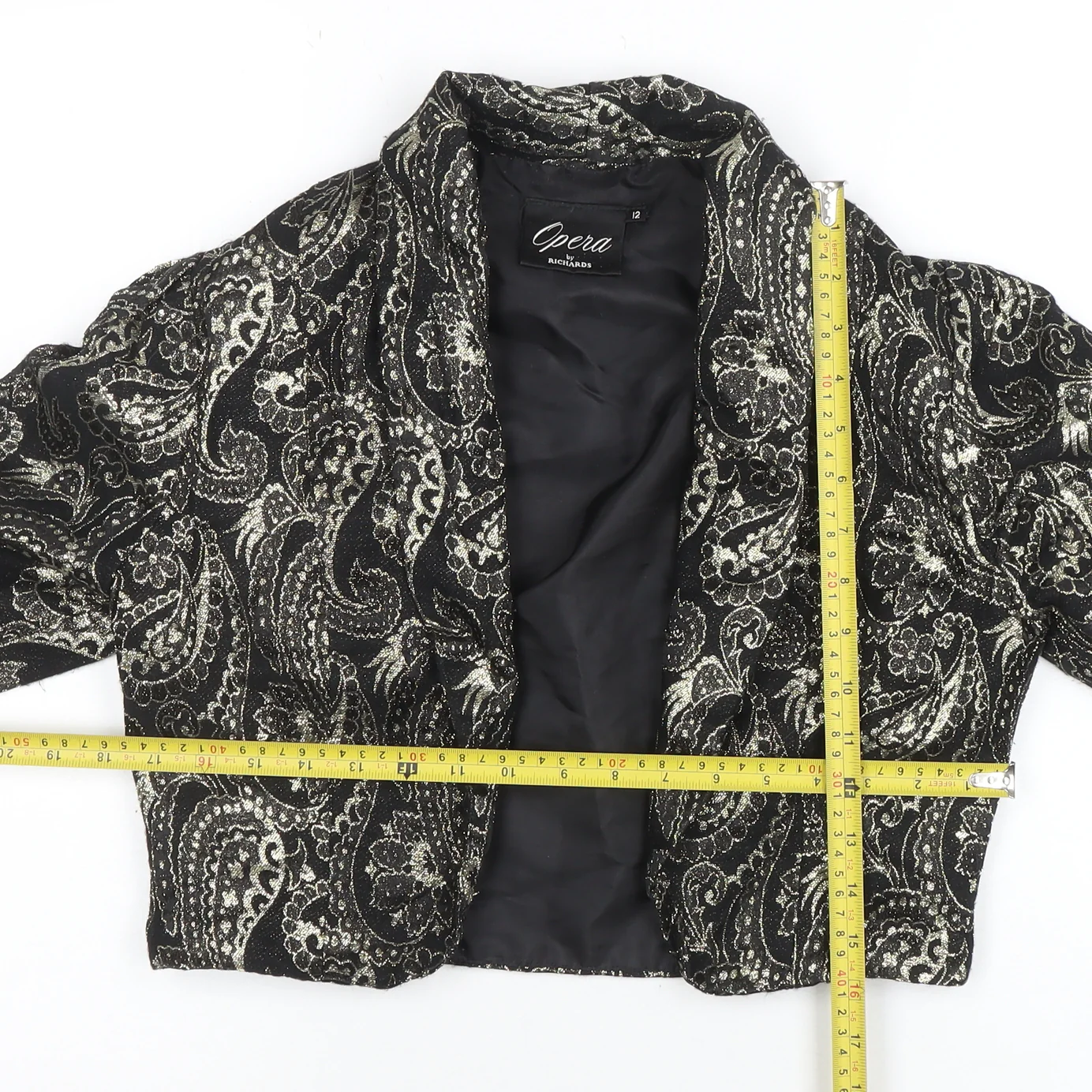 Opera by Richards Women's Black Paisley Metallic Cropped Blazer Size 12 - Image 2