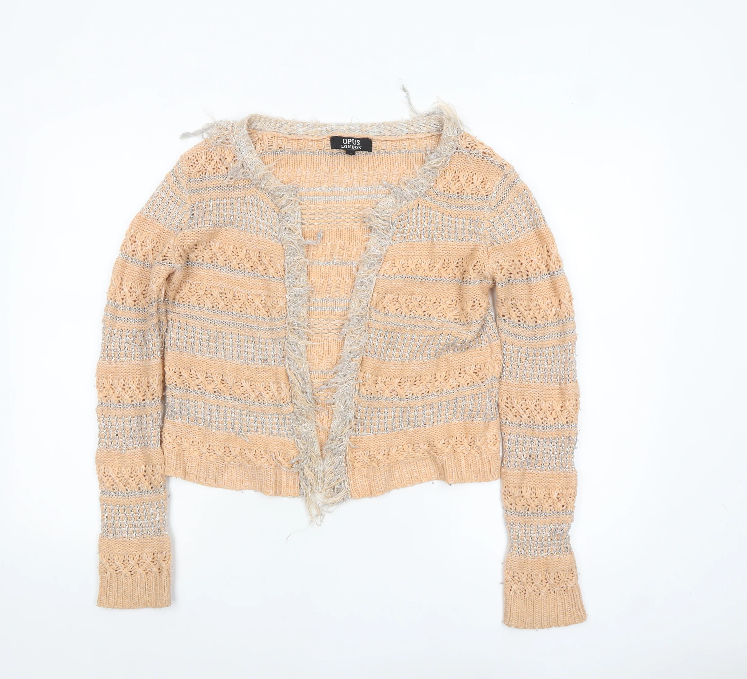 Opus London Women's Beige Striped Fringe Knit Cardigan Size 8