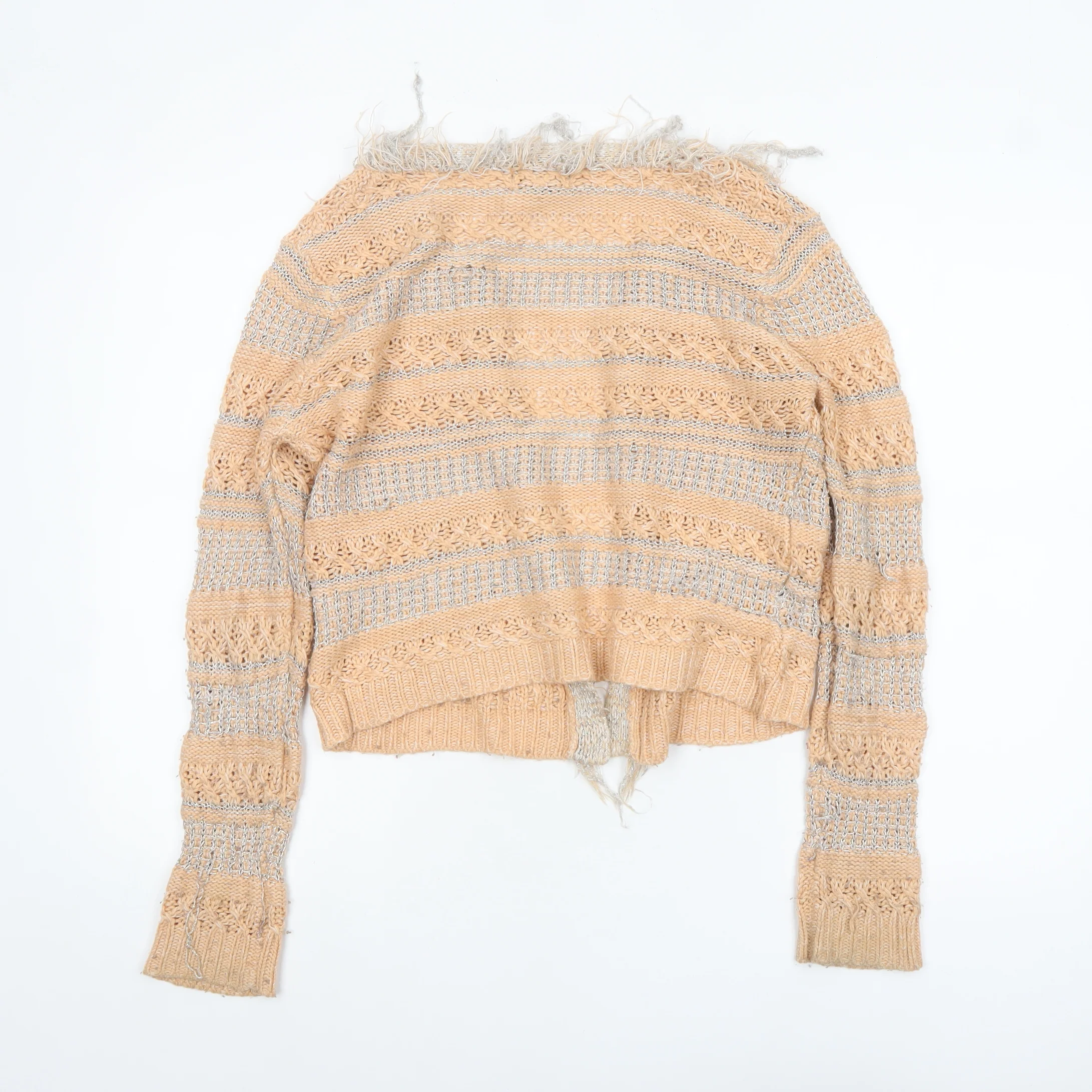 Opus London Women's Beige Striped Fringe Knit Cardigan Size 8 - Image 3