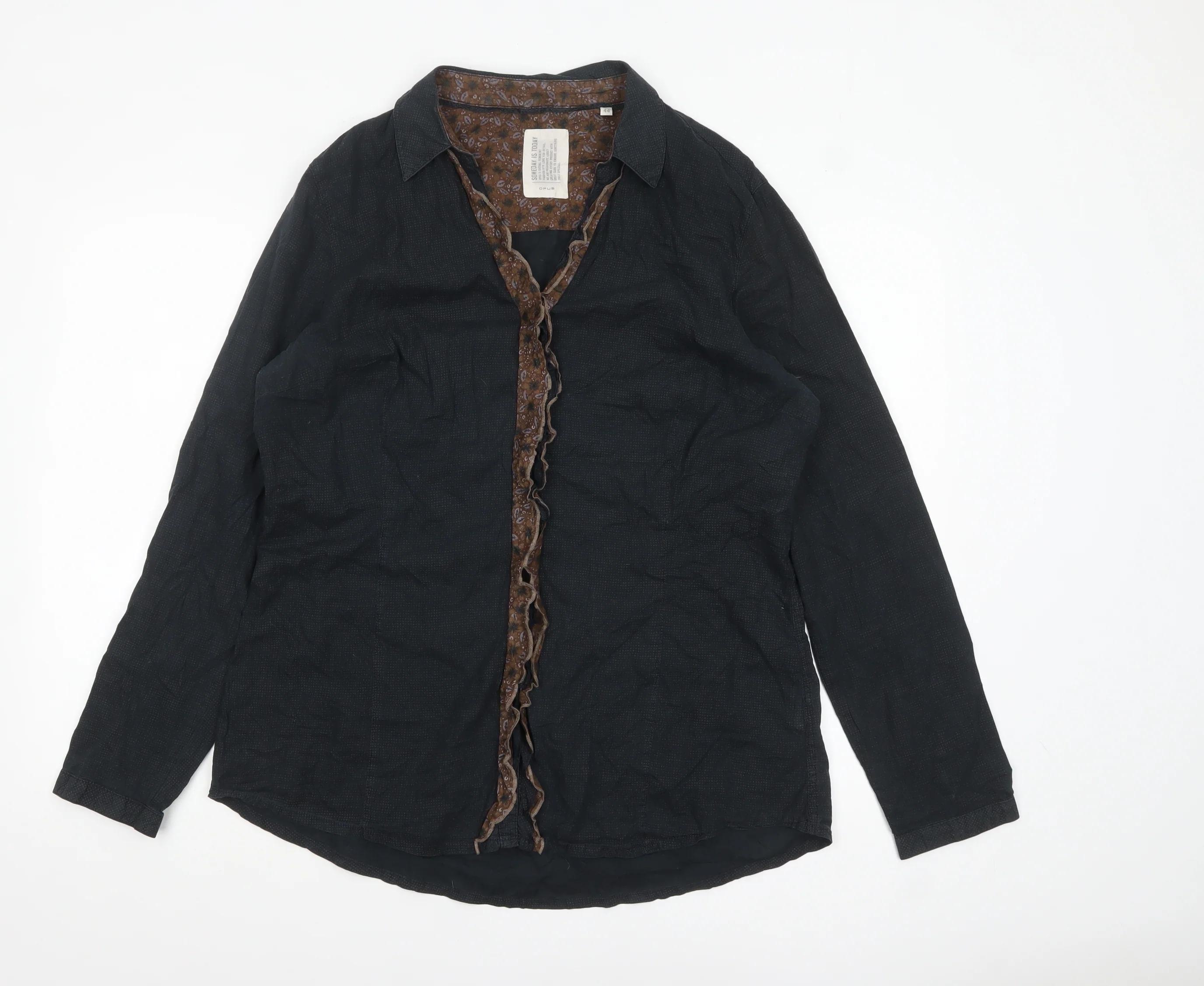 OPUS Women's Black Cotton Ruffle Trim Long Sleeve Blouse Size 16