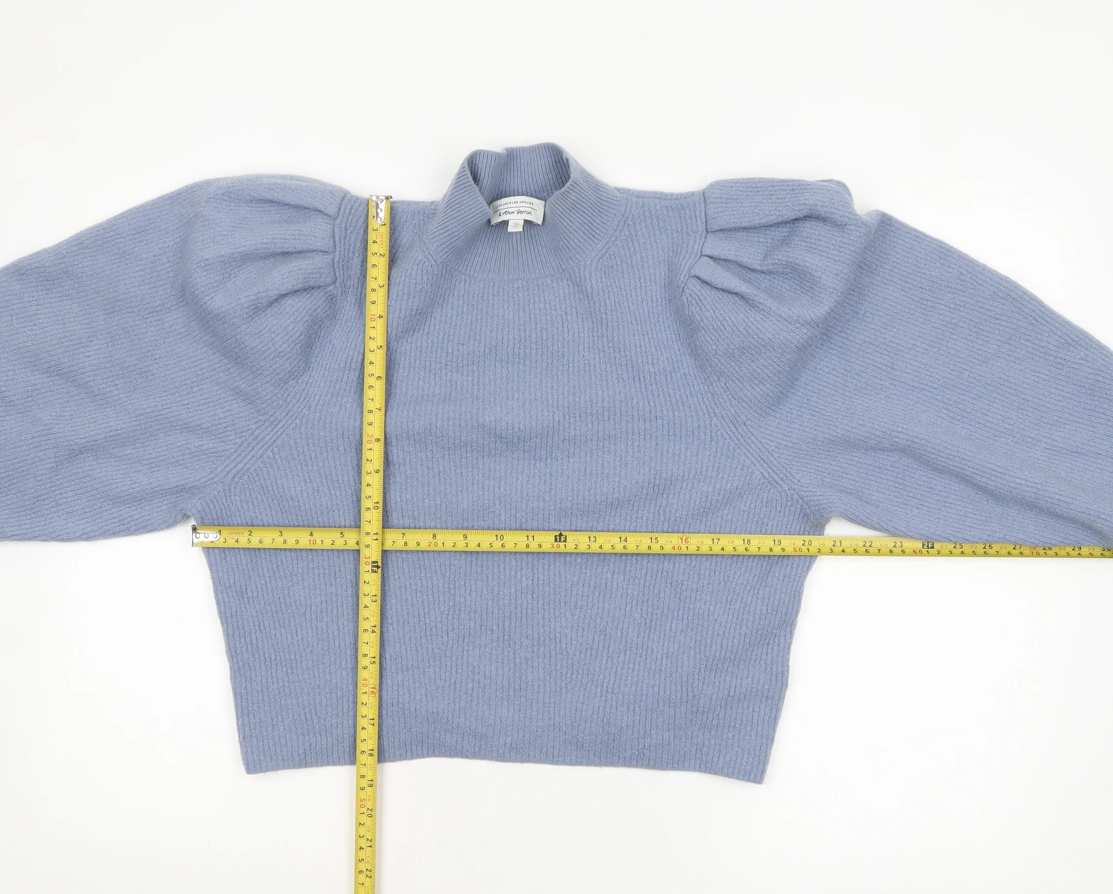 & Other Stories Women Blue Puff Sleeve Mock Neck Wool Jumper Size 10 - Image 2