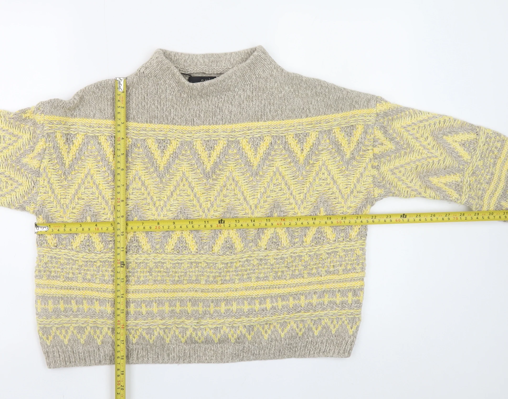 Oui Women’s Beige Yellow Mock Neck Wool Blend Geometric Jumper Size 6 - Image 2