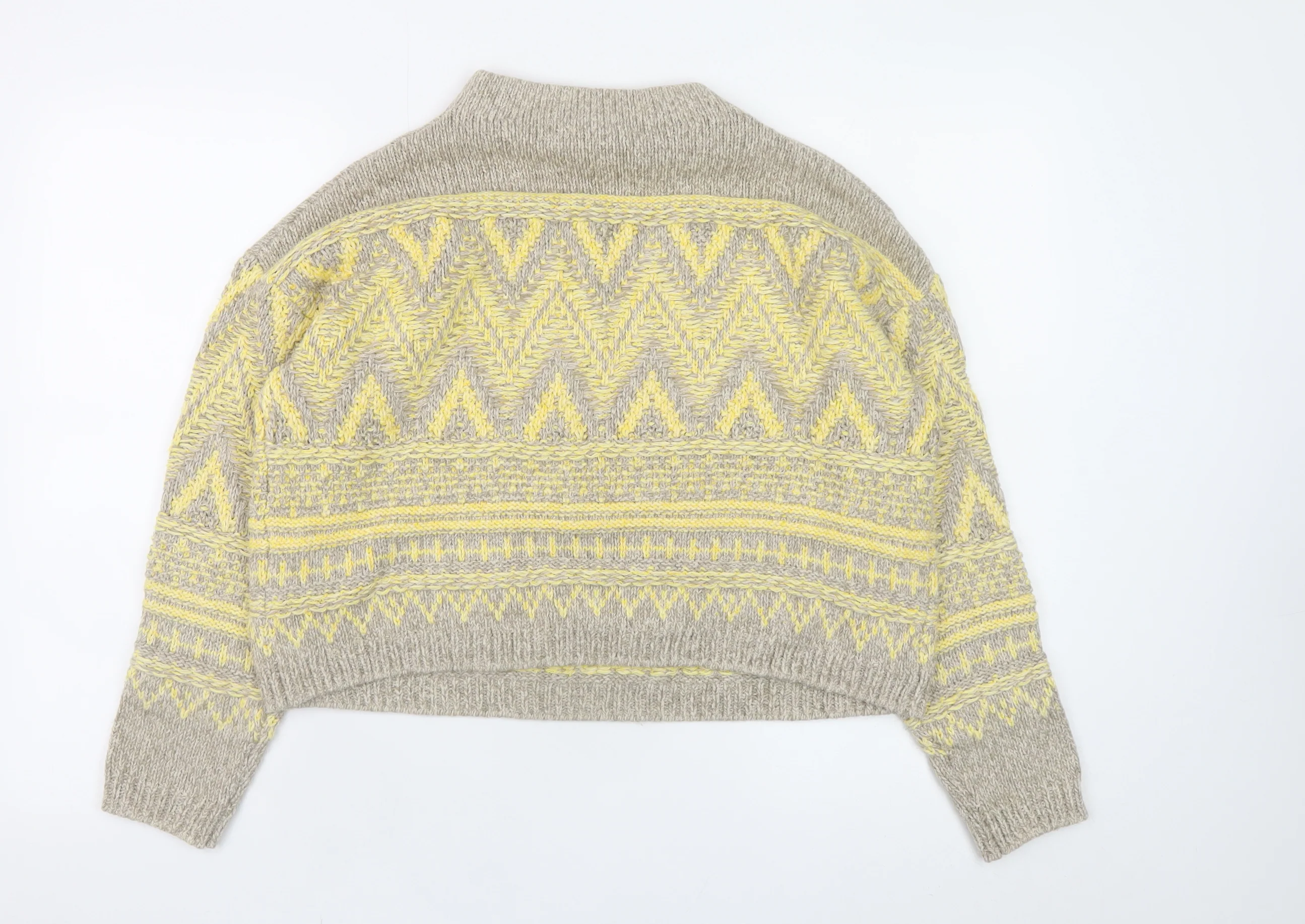 Oui Women’s Beige Yellow Mock Neck Wool Blend Geometric Jumper Size 6 - Image 3