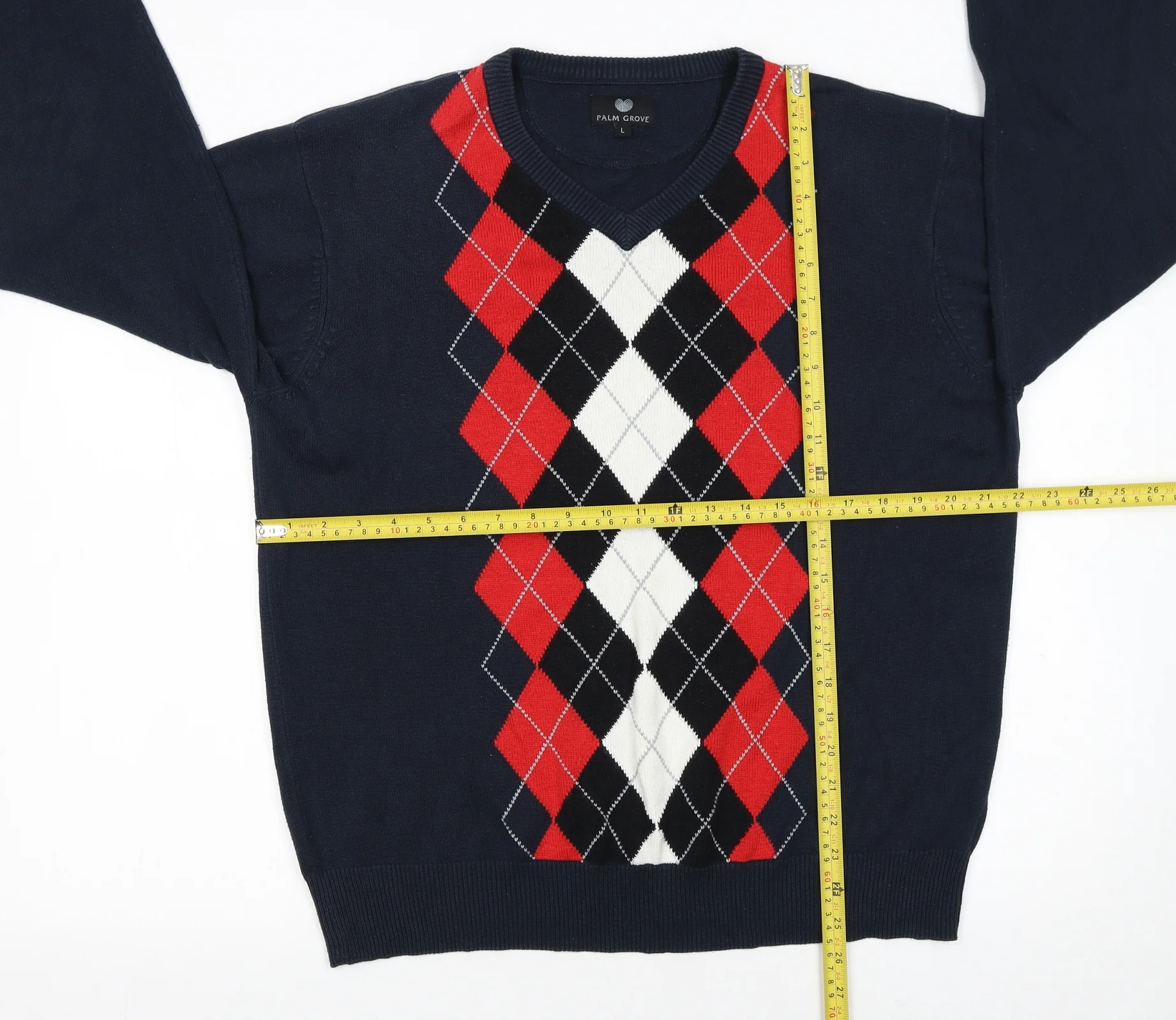 Palm Grove Men's Blue Argyle V-Neck Cotton Acrylic Jumper L - Image 2