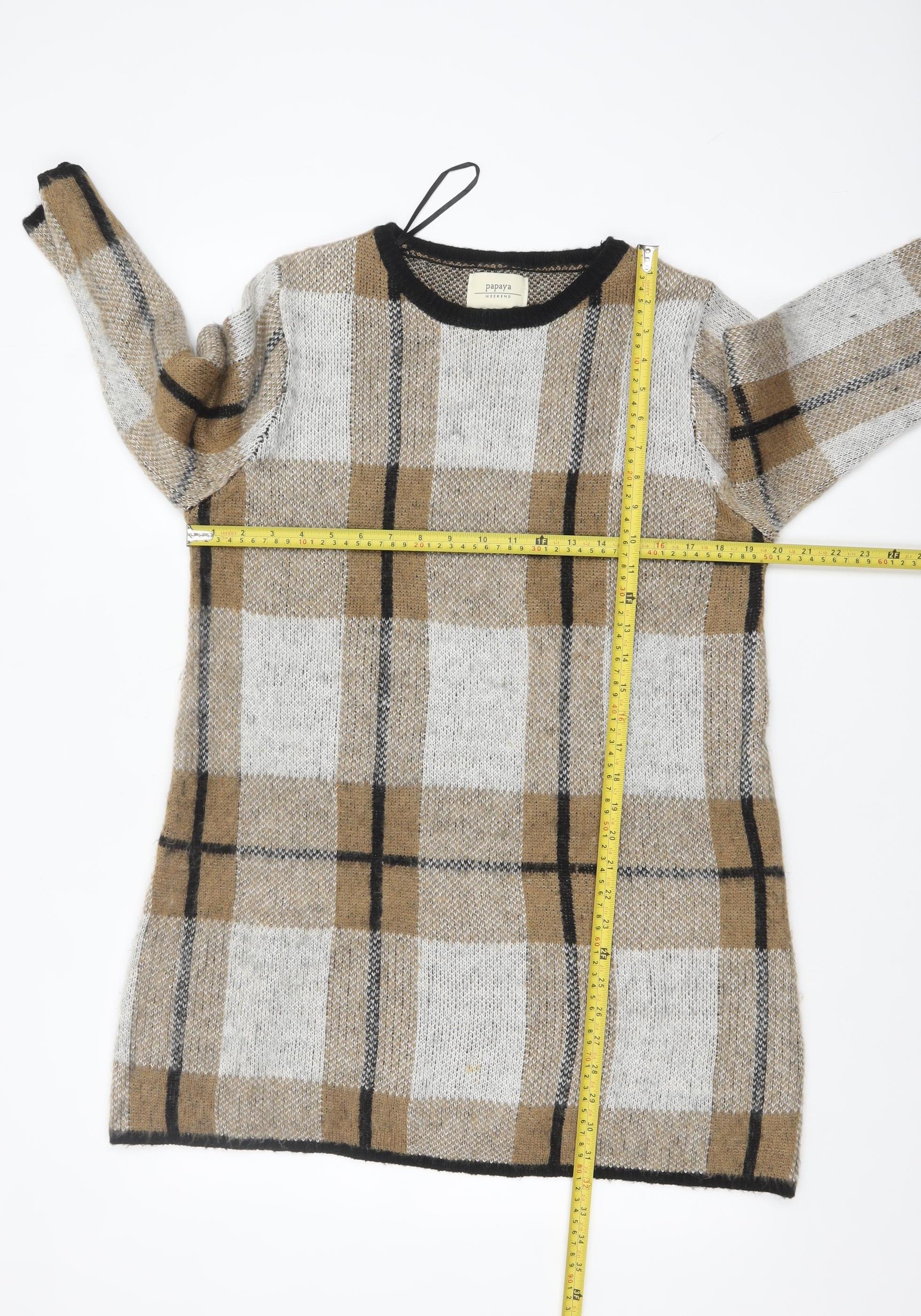 Papaya Weekend Women Beige Check Knit Tunic Jumper Size L - Image 2