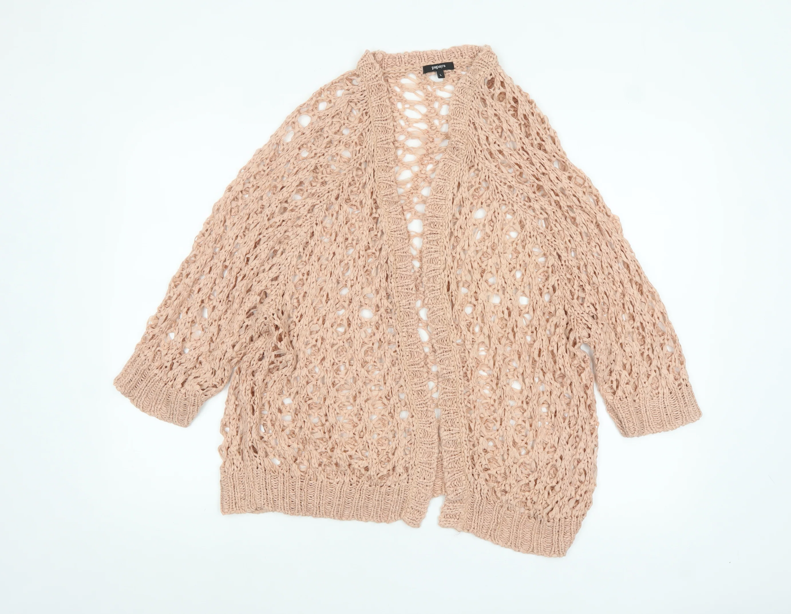 Papaya Women Beige Open Knit Cardigan L Lightweight Relaxed Fit