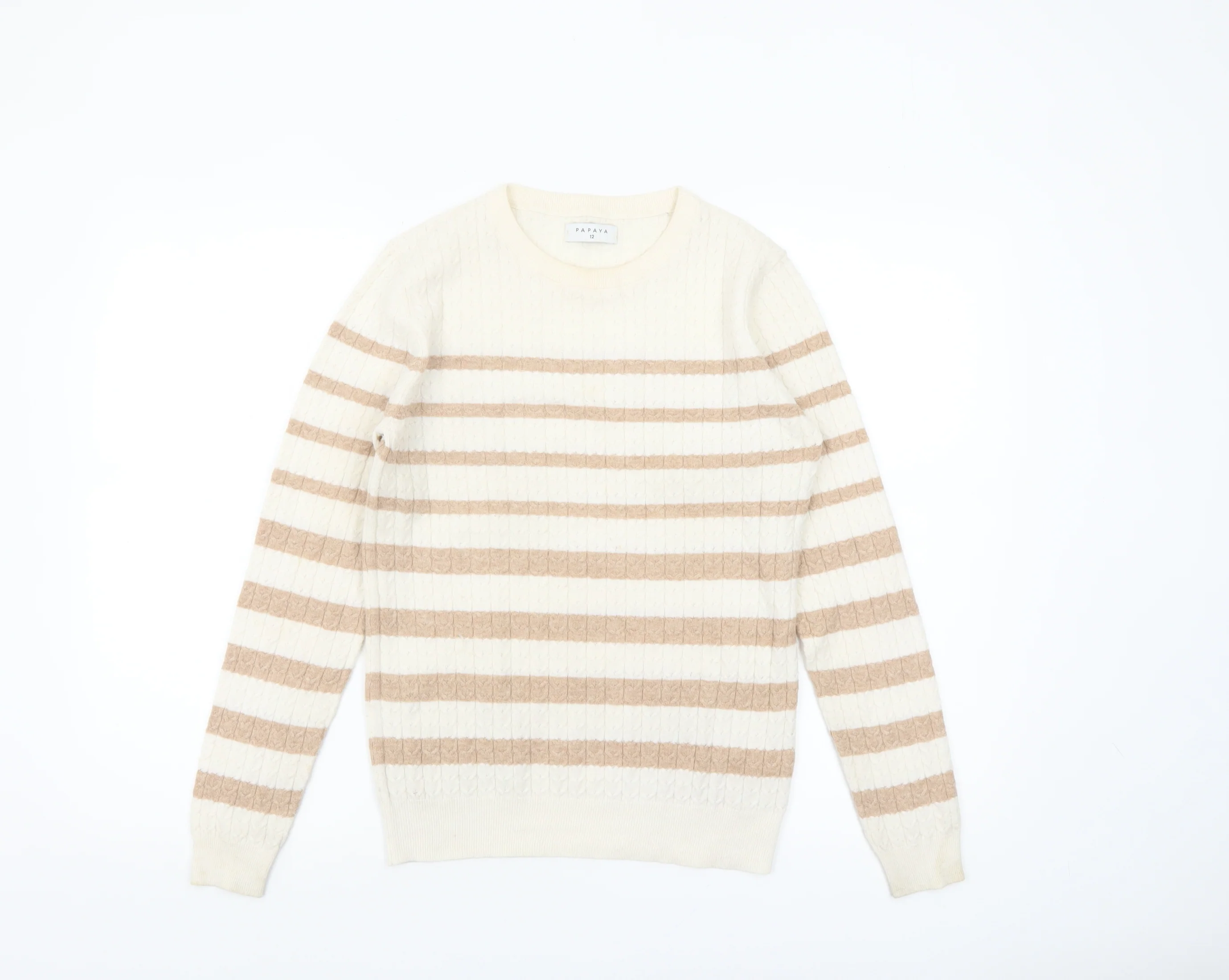 Papaya Women Beige Striped Cable-Knit Jumper Size 12