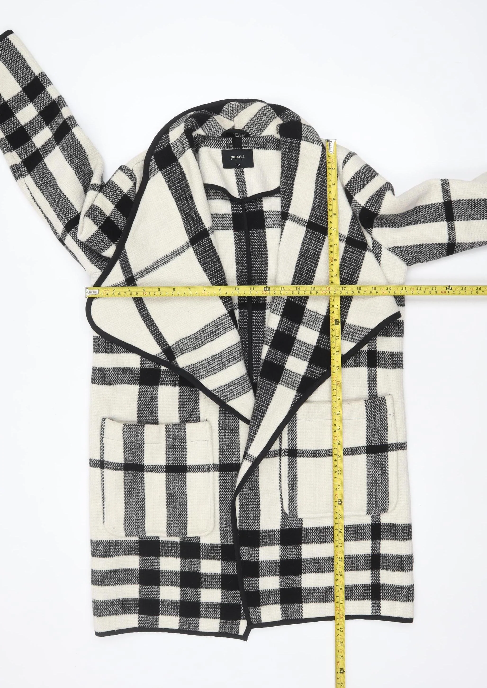 Papaya Women Black Check Knit Coatigan UK 12 Mid-Length Open Front - Image 2