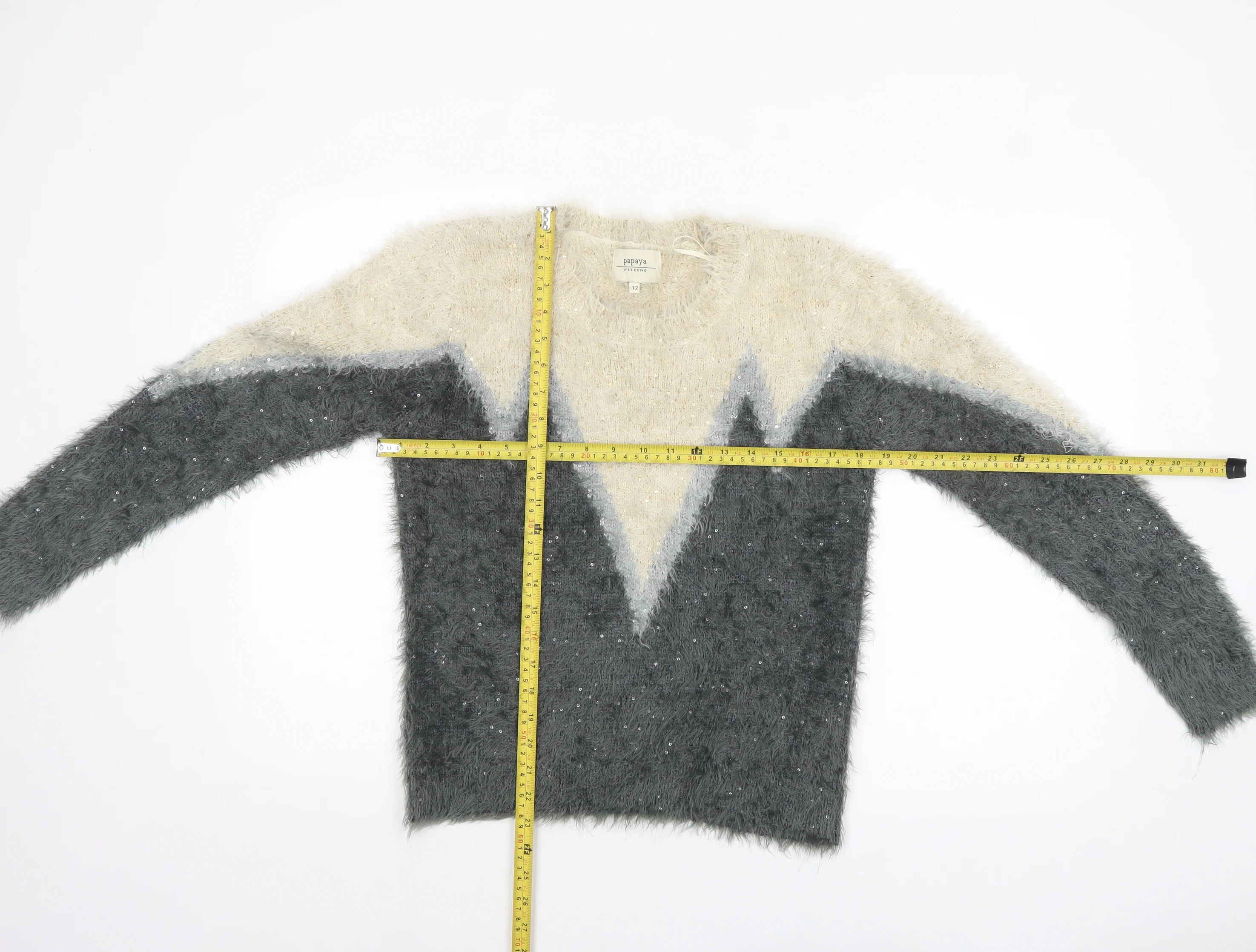 Papaya Women’s Grey Cream Sequin Fuzzy Knit Jumper Size 12 - Image 2