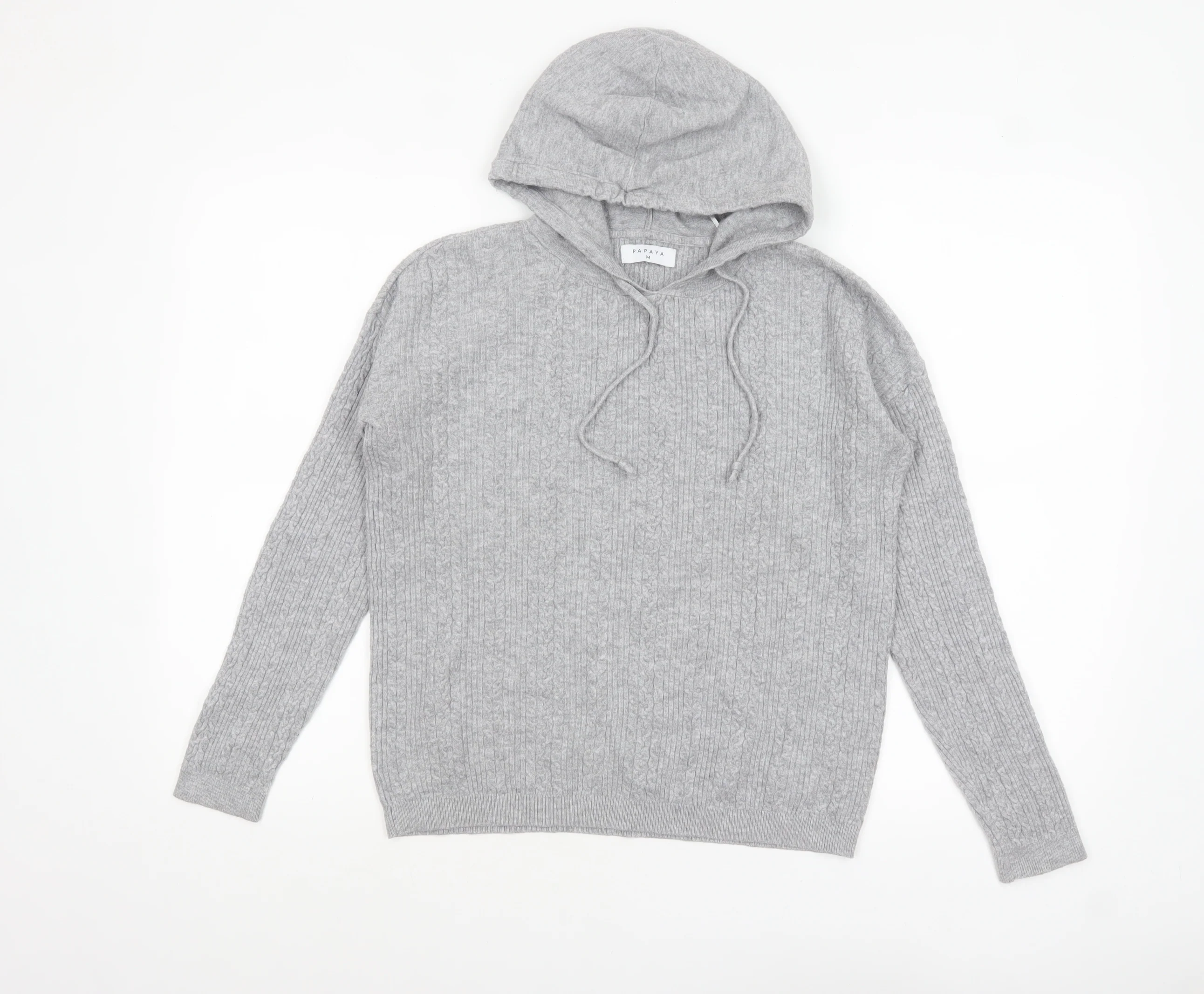 Papaya Womens Grey Cable-Knit Hooded Pullover Jumper M