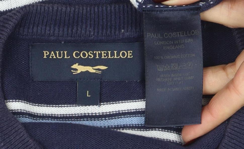 Paul Costelloe Men's Blue Striped Cotton Crew Neck Jumper L - Image 4