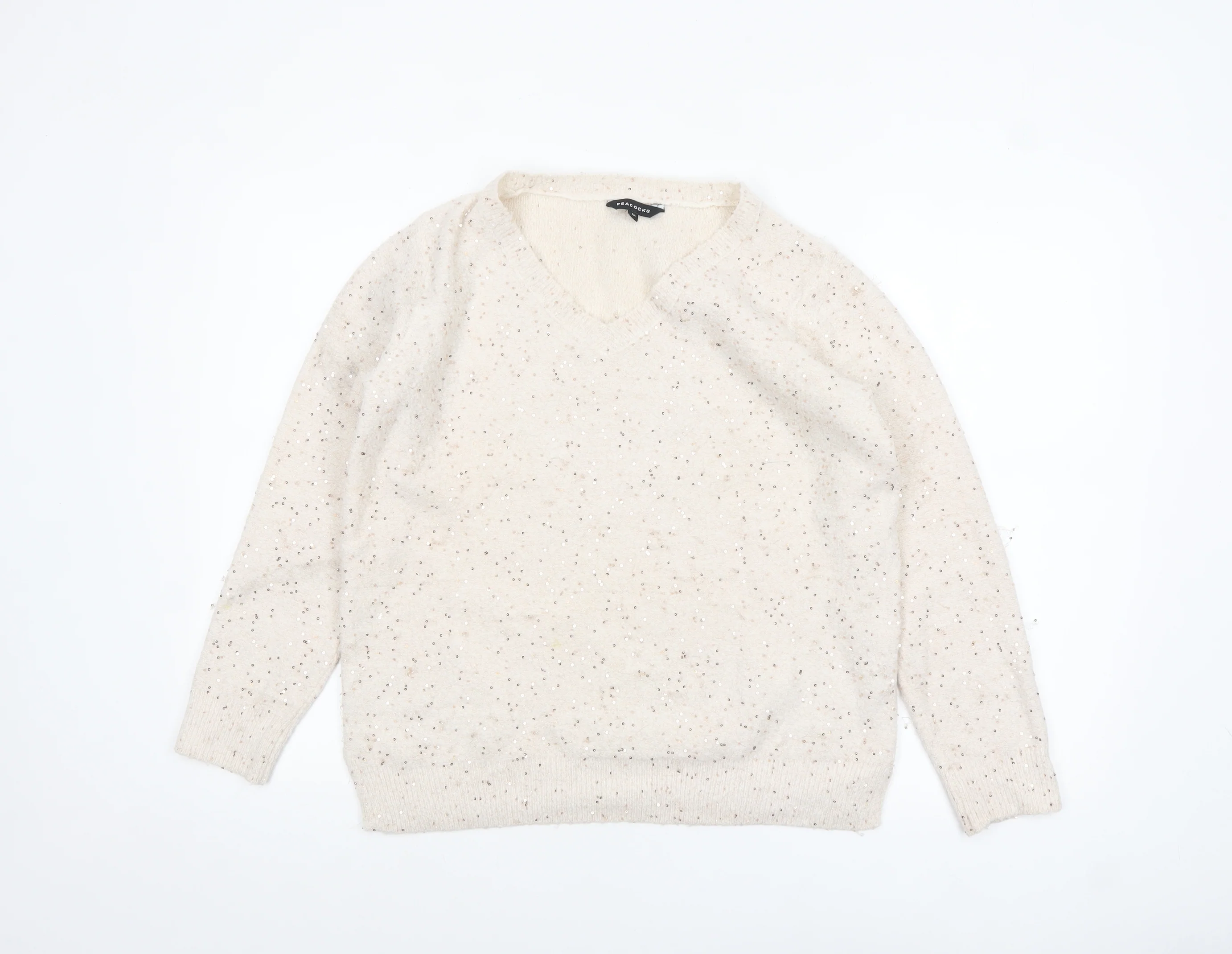 Peacocks Women’s Beige Sequin V-Neck Knit Jumper Size M