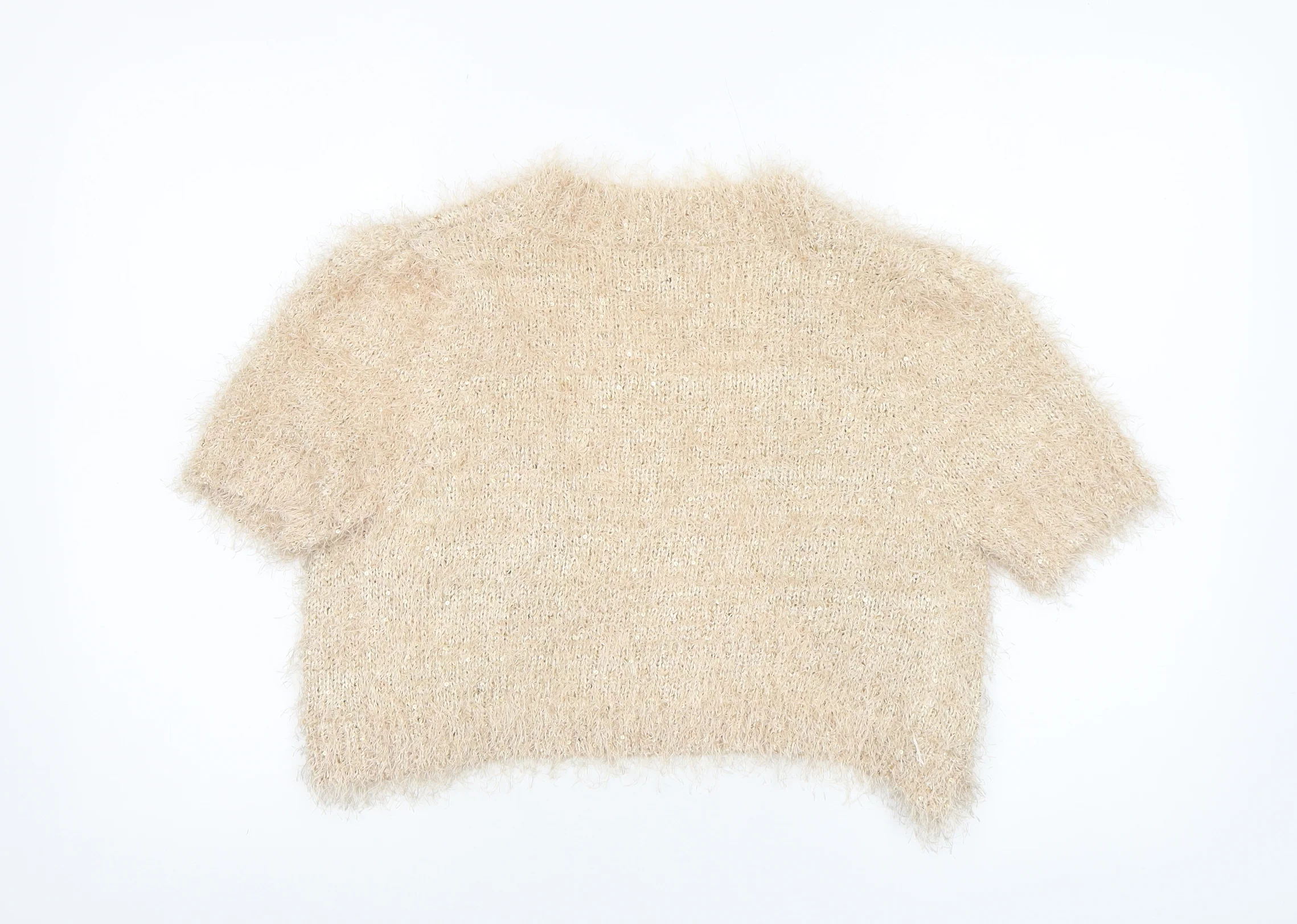 Peacocks Women's Beige Short Sleeve Sequin Open-Knit Cardigan M - Image 3