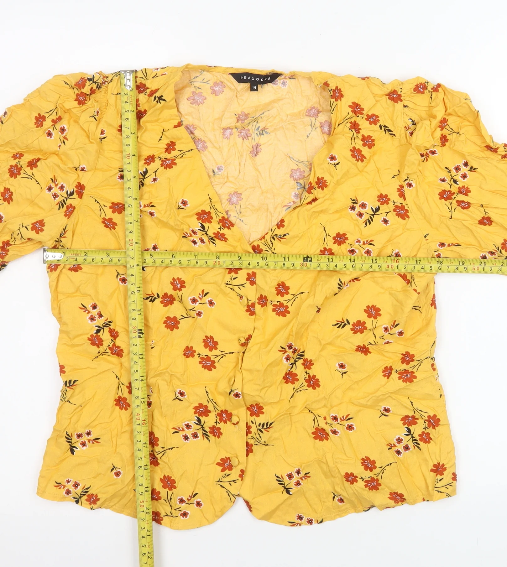 Peacocks Women's Yellow Floral Viscose Tunic Blouse Size 14 - Image 2