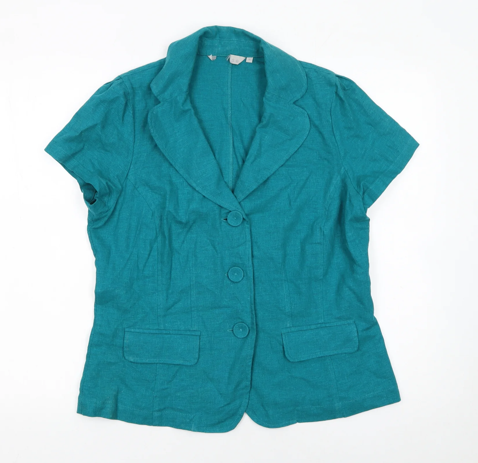 Per Se Women Green Linen Blend Short Sleeve Blazer Size 12