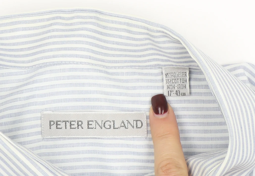 Peter England Men's Blue Striped Long Sleeve Cotton Blend Shirt 17 Regular Fit - Image 4