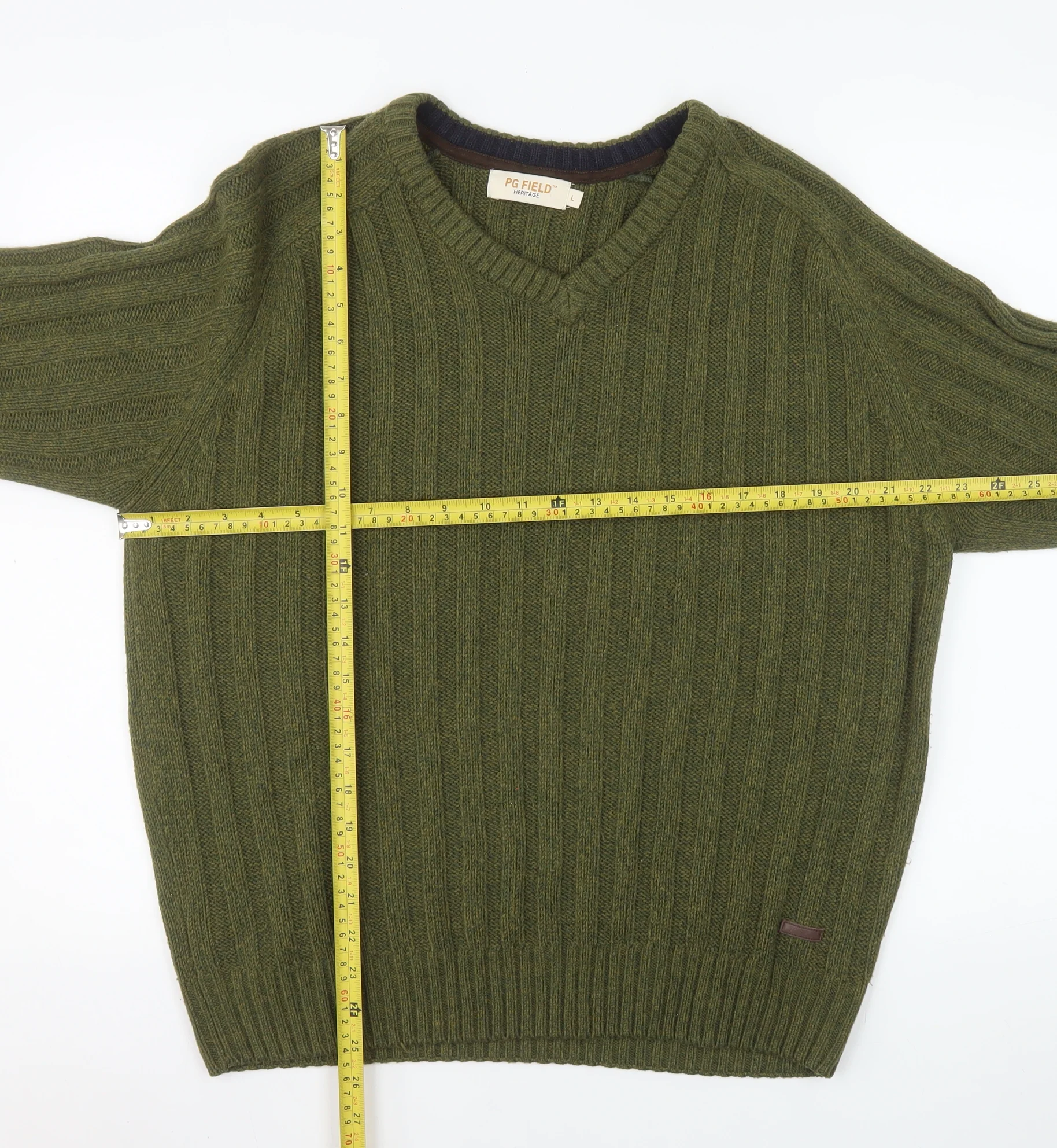 PG Field Men’s Green V-Neck Acrylic Knit Jumper Size L - Image 2