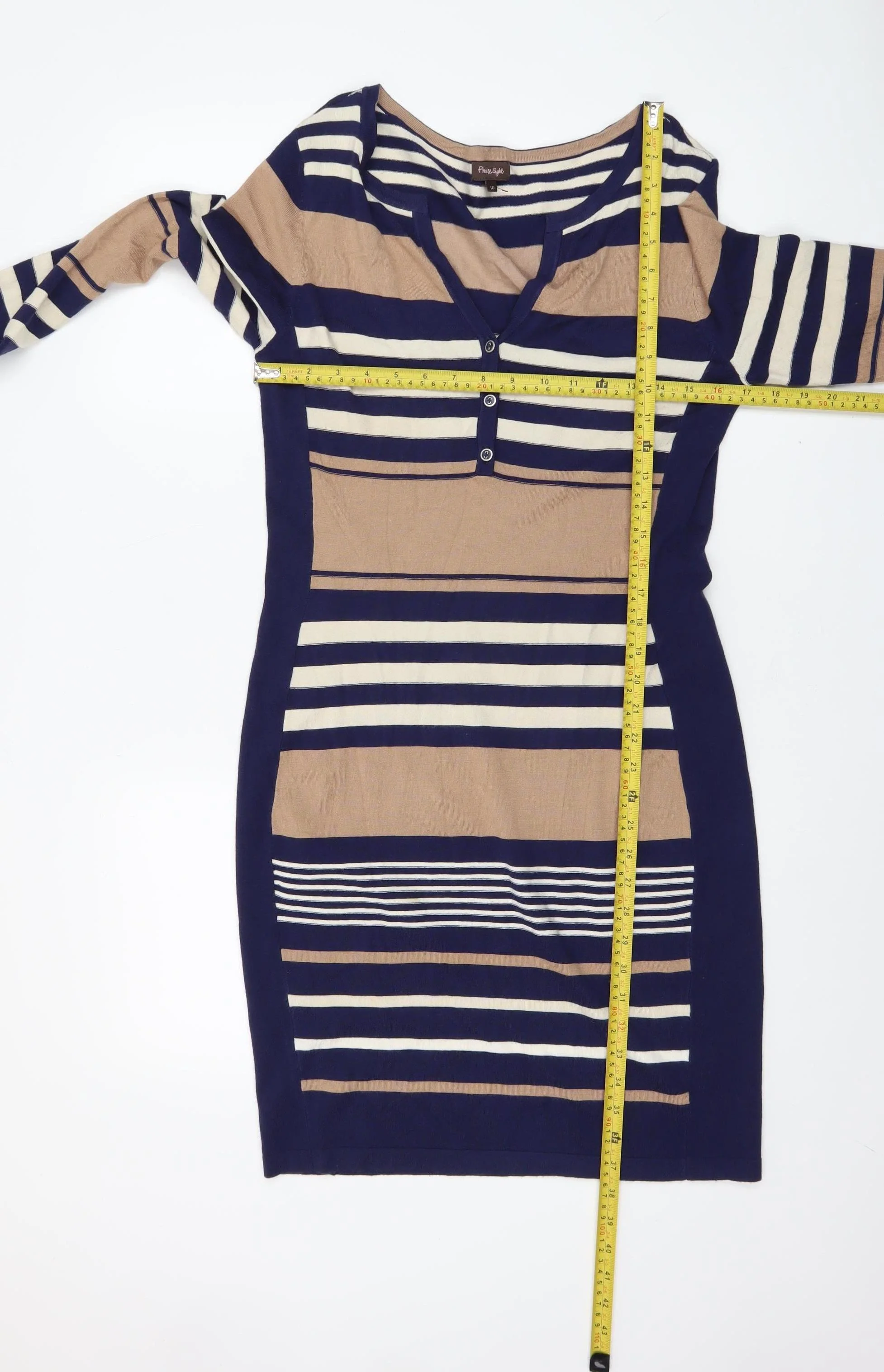 Phase Eight Women’s Blue Beige Striped Bodycon Knit Dress Size 10 - Image 2