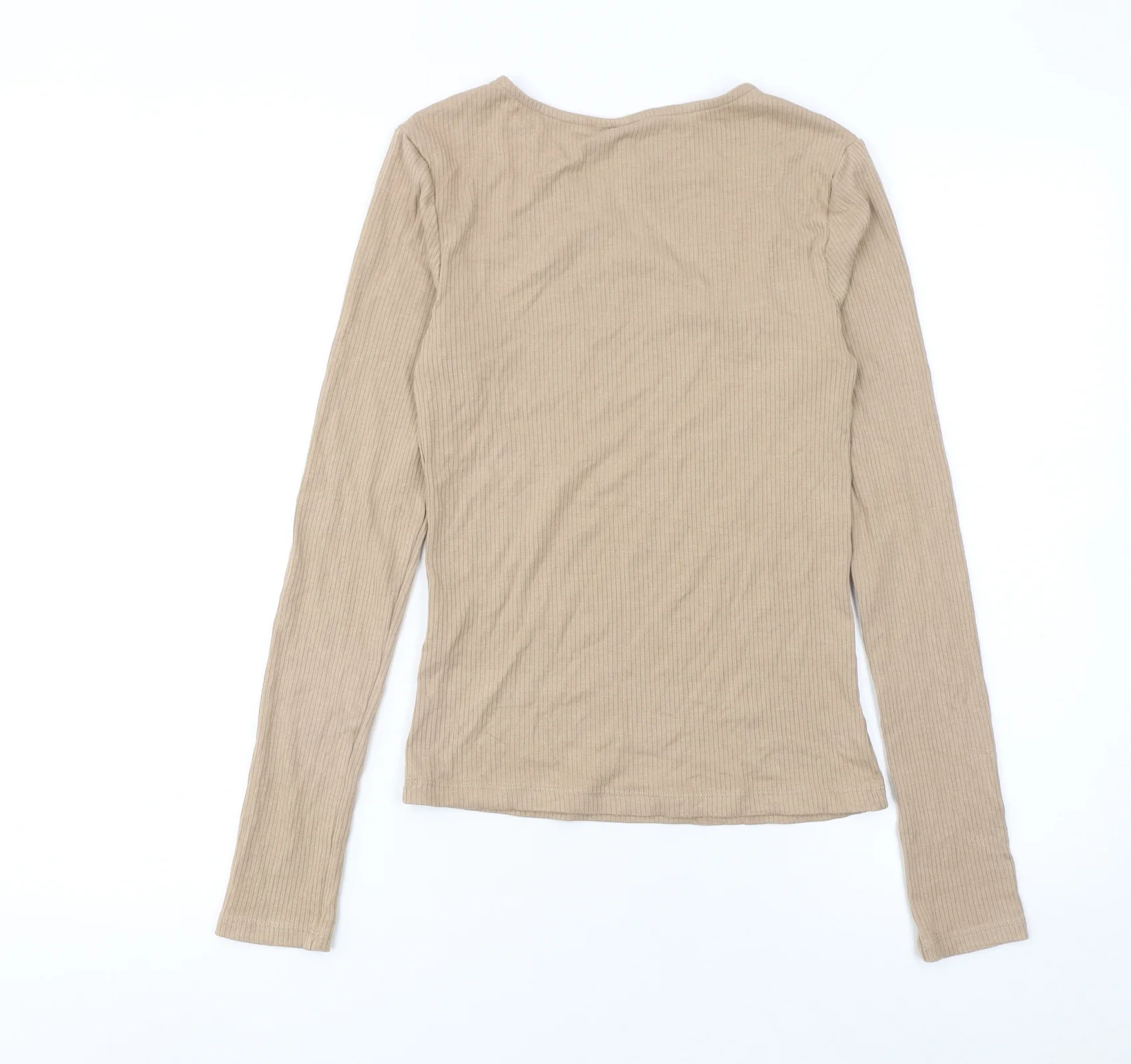 Pieces Womens Beige Long Sleeve Slim Fit V-Neck Ribbed Top Size M - Image 3